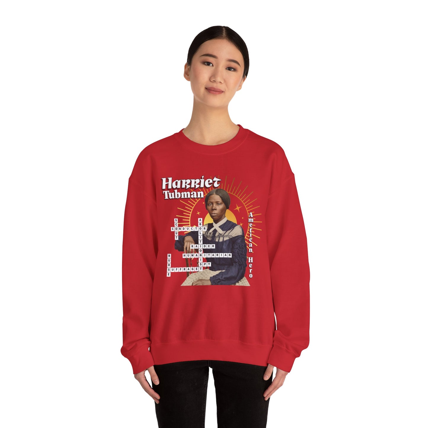 Harriet Tubman Crewneck Sweatshirt — Black History Tribute, muted colors, white & black text