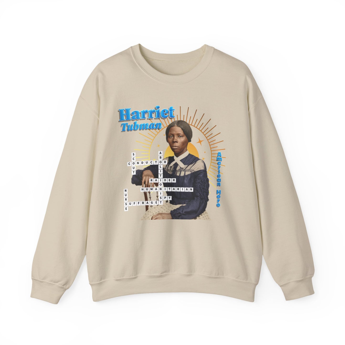 Harriet Tubman Crewneck Sweatshirt — Black History Tribute, muted colors with blue text