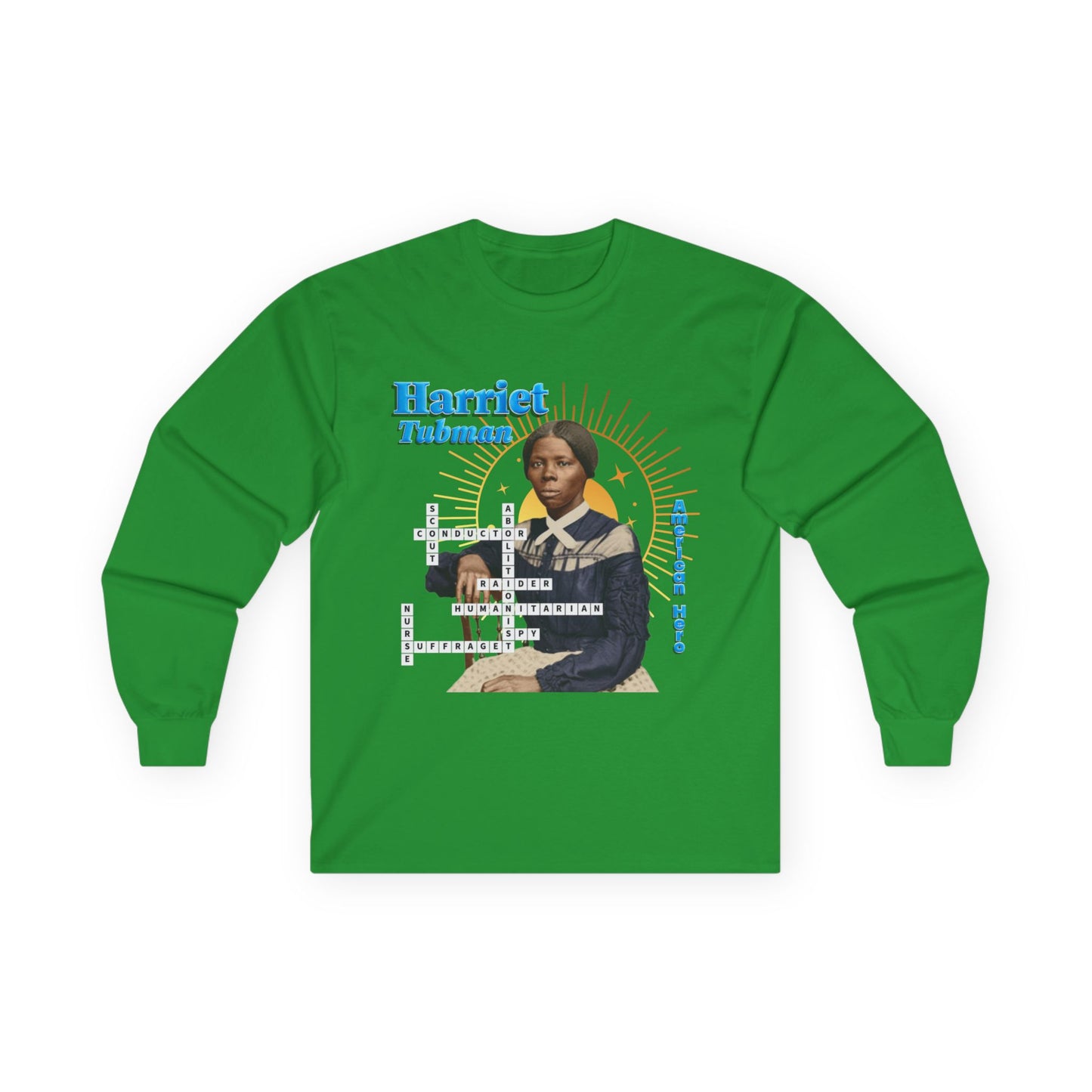 Harriet Tubman Crossword Puzzle Graphic Long Sleeve Tee | Historical Portrait, Muted Tones