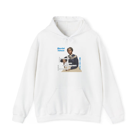 Harriet Tubman Portrait Hoodie — Inspirational Historical Figure Graphic Sweatshirt with blue text