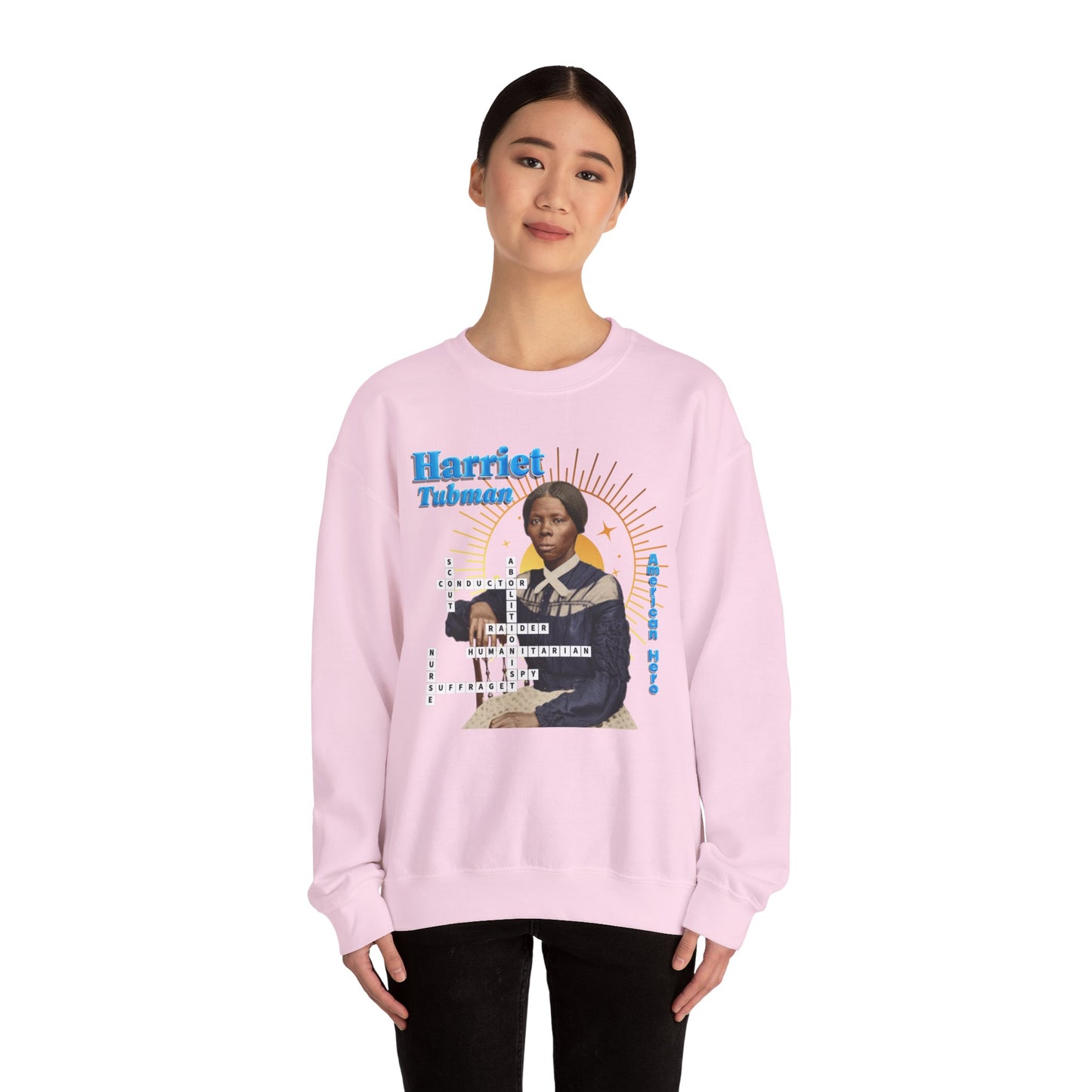 Harriet Tubman Crewneck Sweatshirt — Black History Tribute, muted colors with blue text