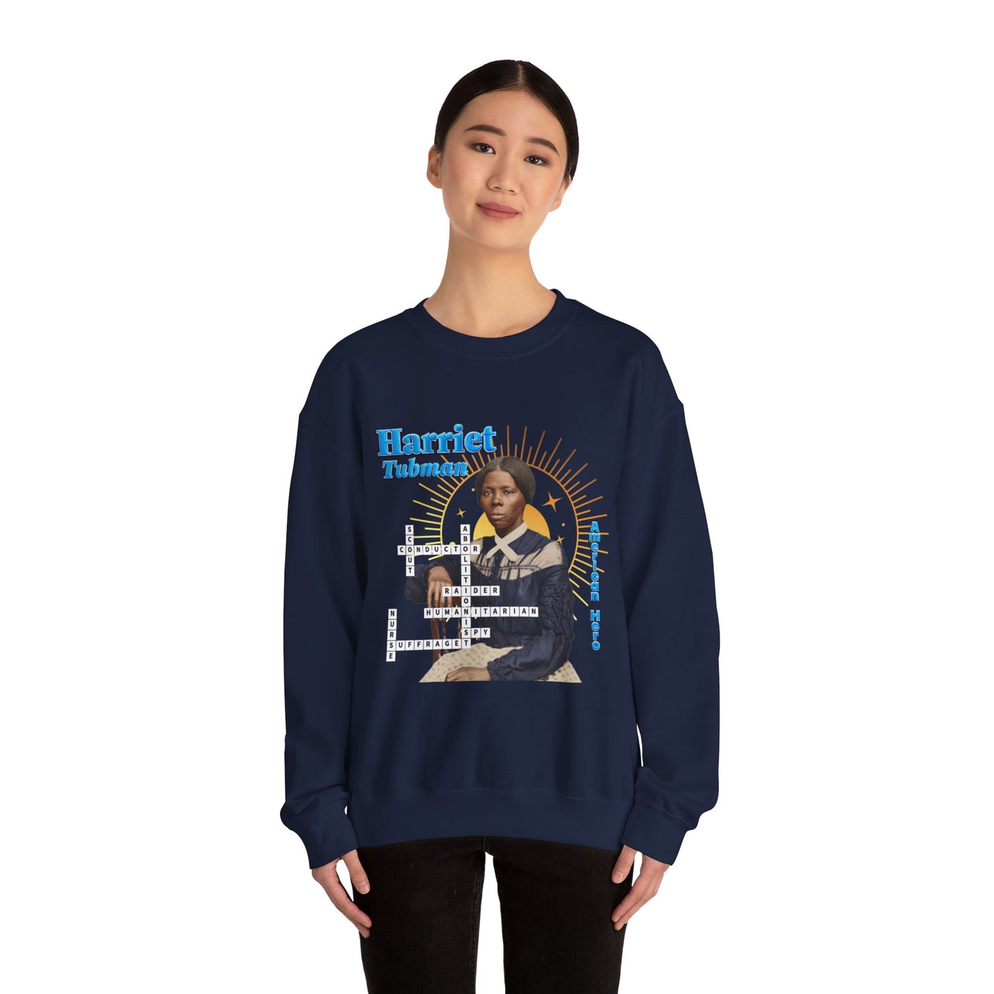 Harriet Tubman Crewneck Sweatshirt — Black History Tribute, muted colors with blue text