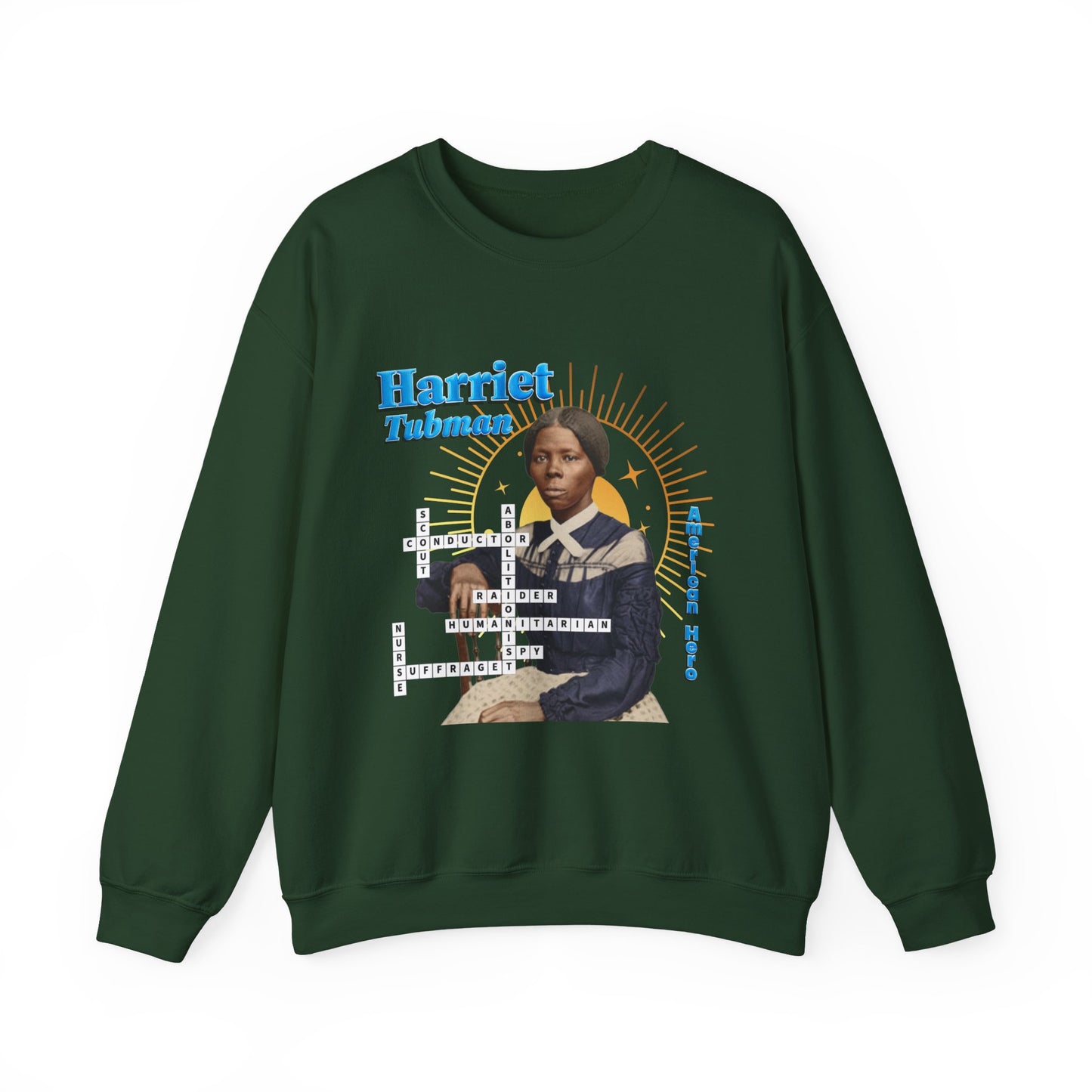 Harriet Tubman Crewneck Sweatshirt — Black History Tribute, muted colors with blue text