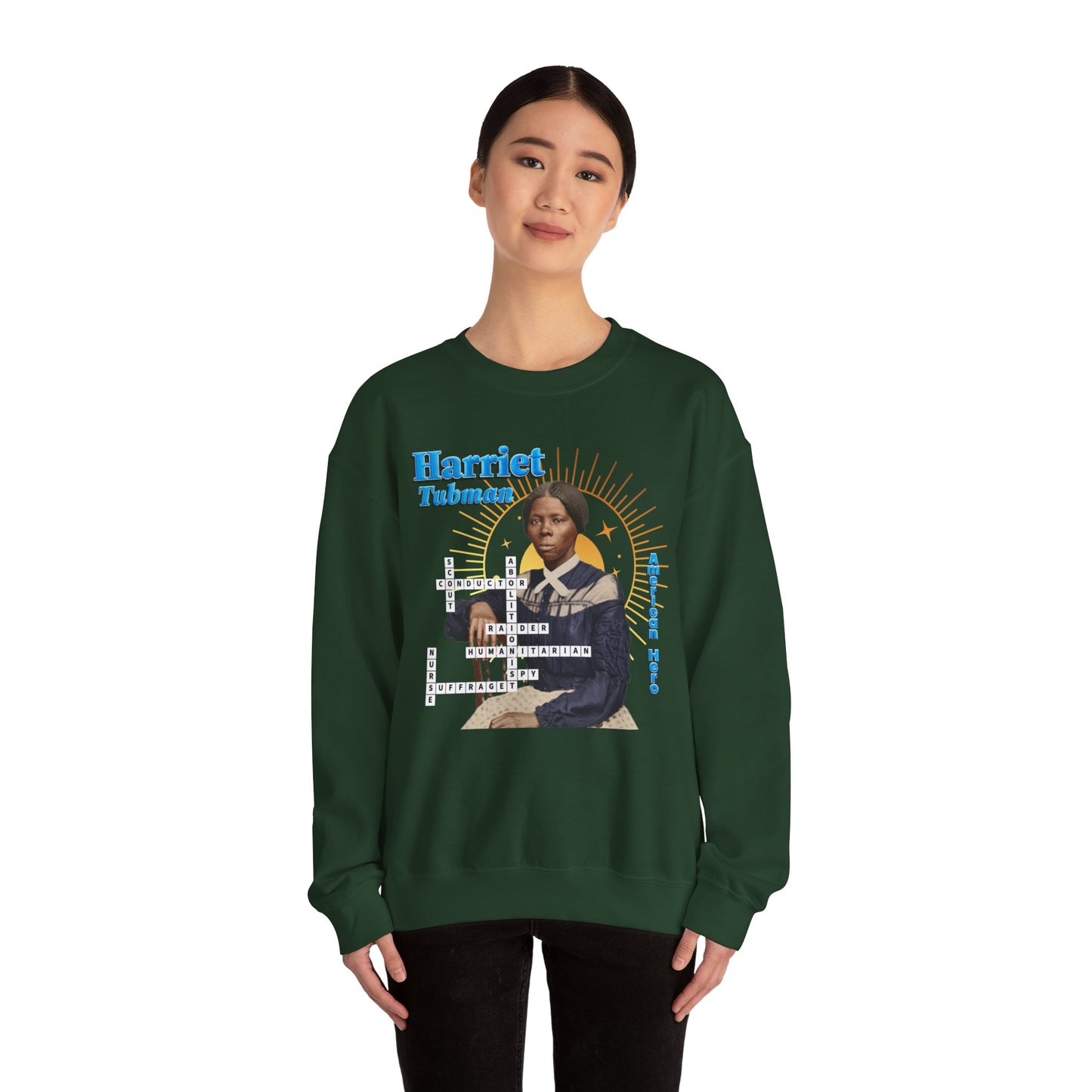 Harriet Tubman Crewneck Sweatshirt — Black History Tribute, muted colors with blue text
