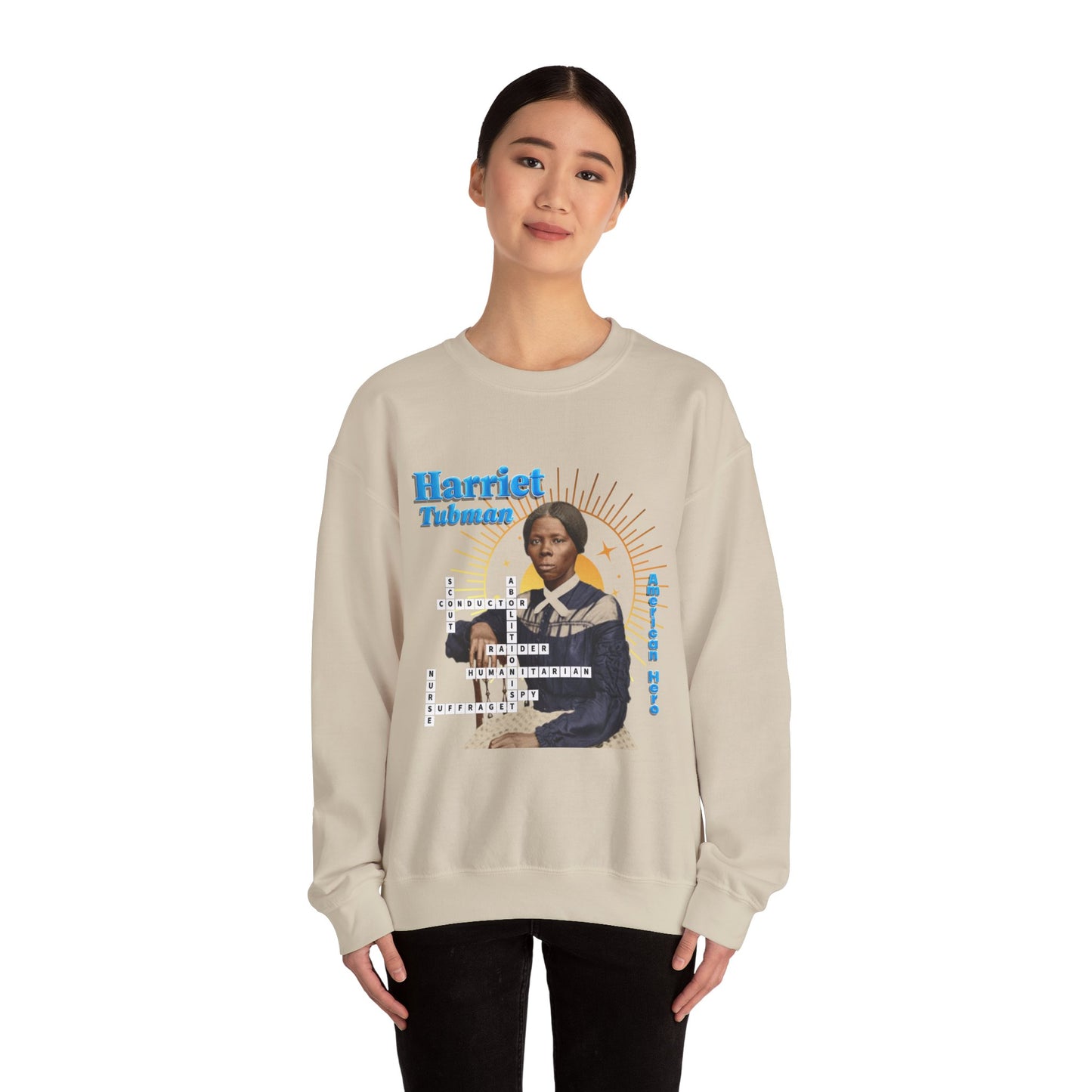 Harriet Tubman Crewneck Sweatshirt — Black History Tribute, muted colors with blue text