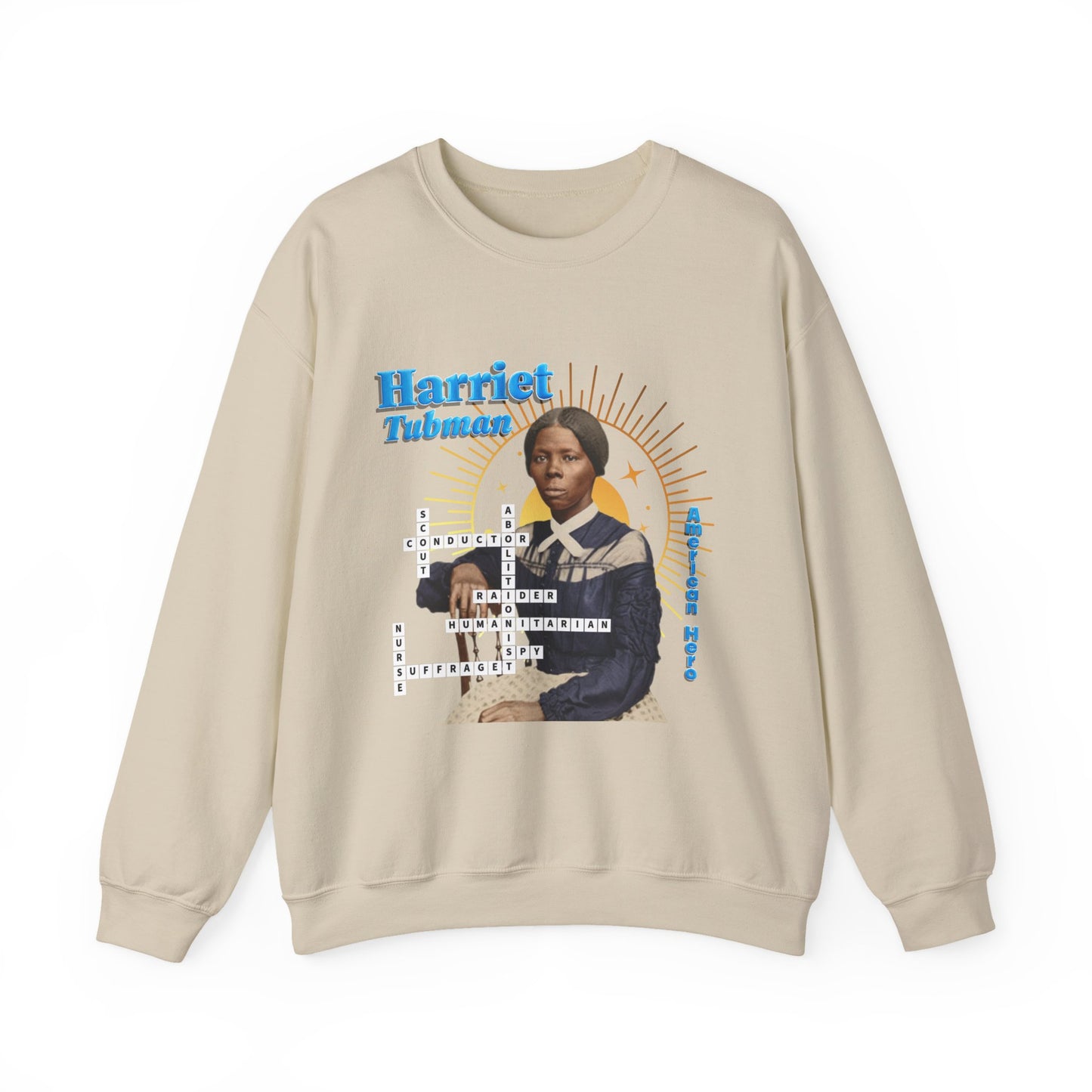 Harriet Tubman Crewneck Sweatshirt — Black History Tribute, muted colors with blue text