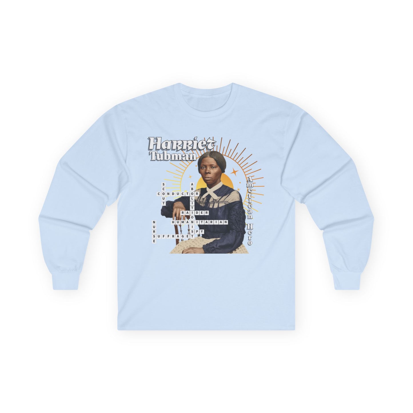 Harriet Tubman Crossword Puzzle Graphic Long Sleeve Tee | Historical Portrait, Muted tones with white text black outline
