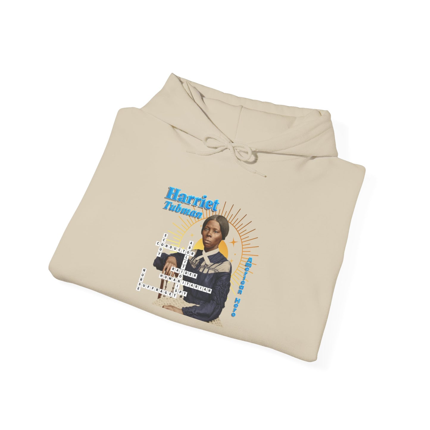Harriet Tubman Portrait Hoodie — Inspirational Historical Figure Graphic Sweatshirt with blue text