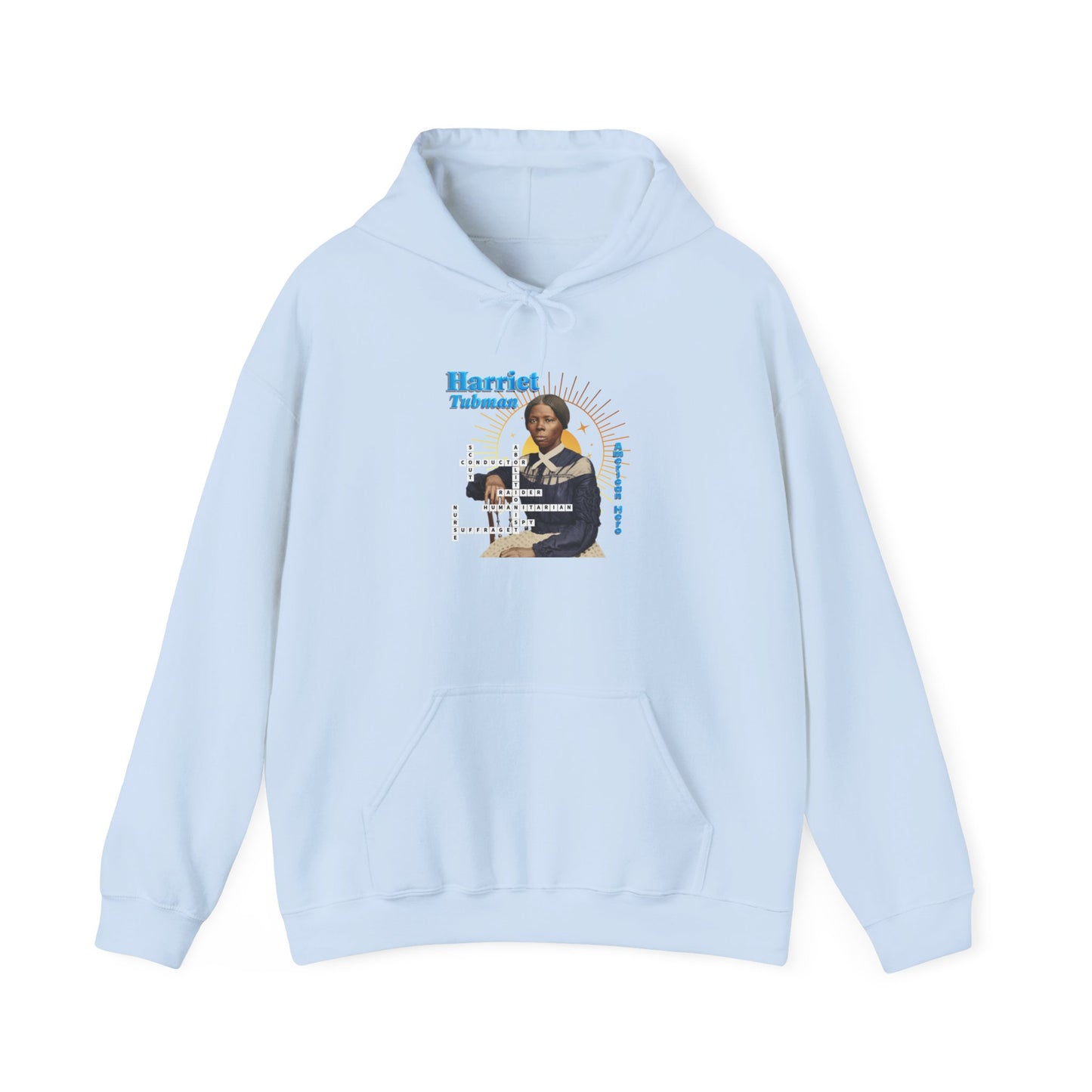 Harriet Tubman Portrait Hoodie — Inspirational Historical Figure Graphic Sweatshirt with blue text