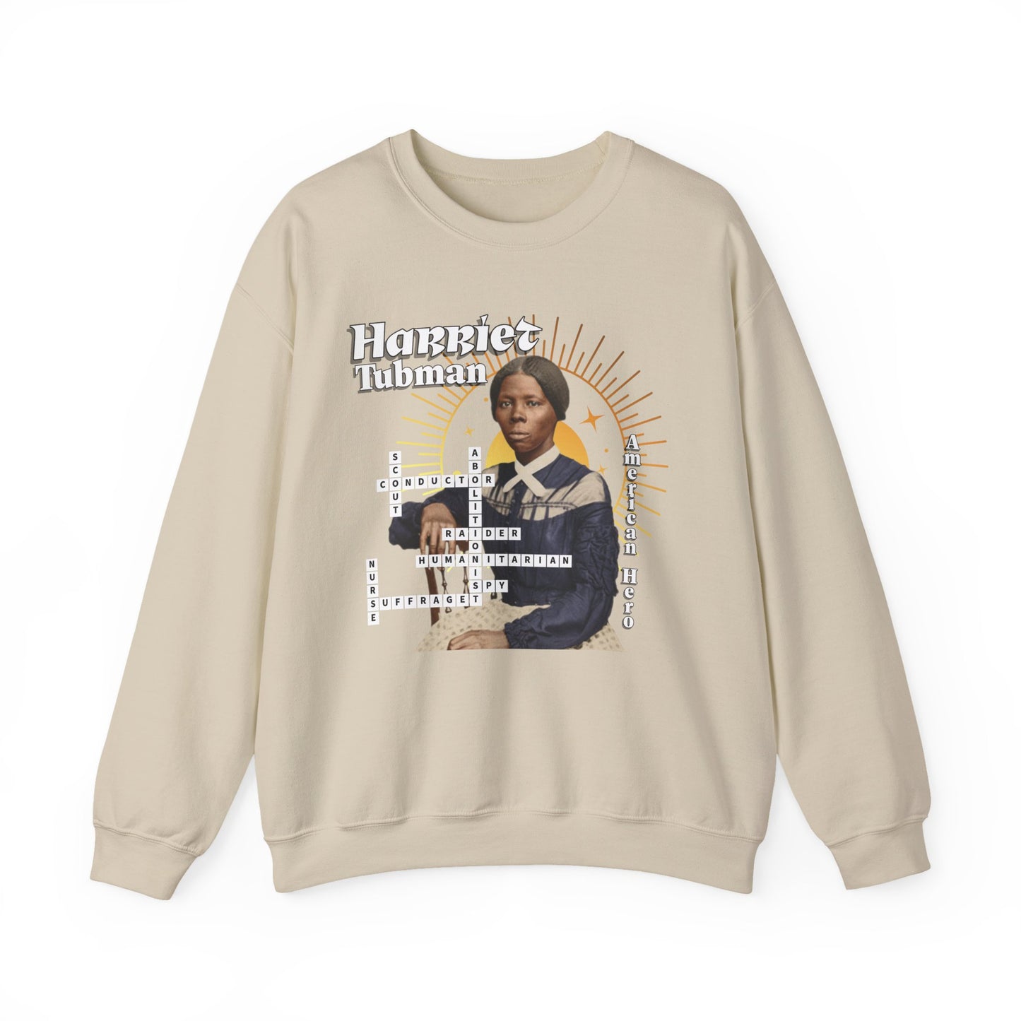 Harriet Tubman Crewneck Sweatshirt — Black History Tribute, muted colors, white & black text