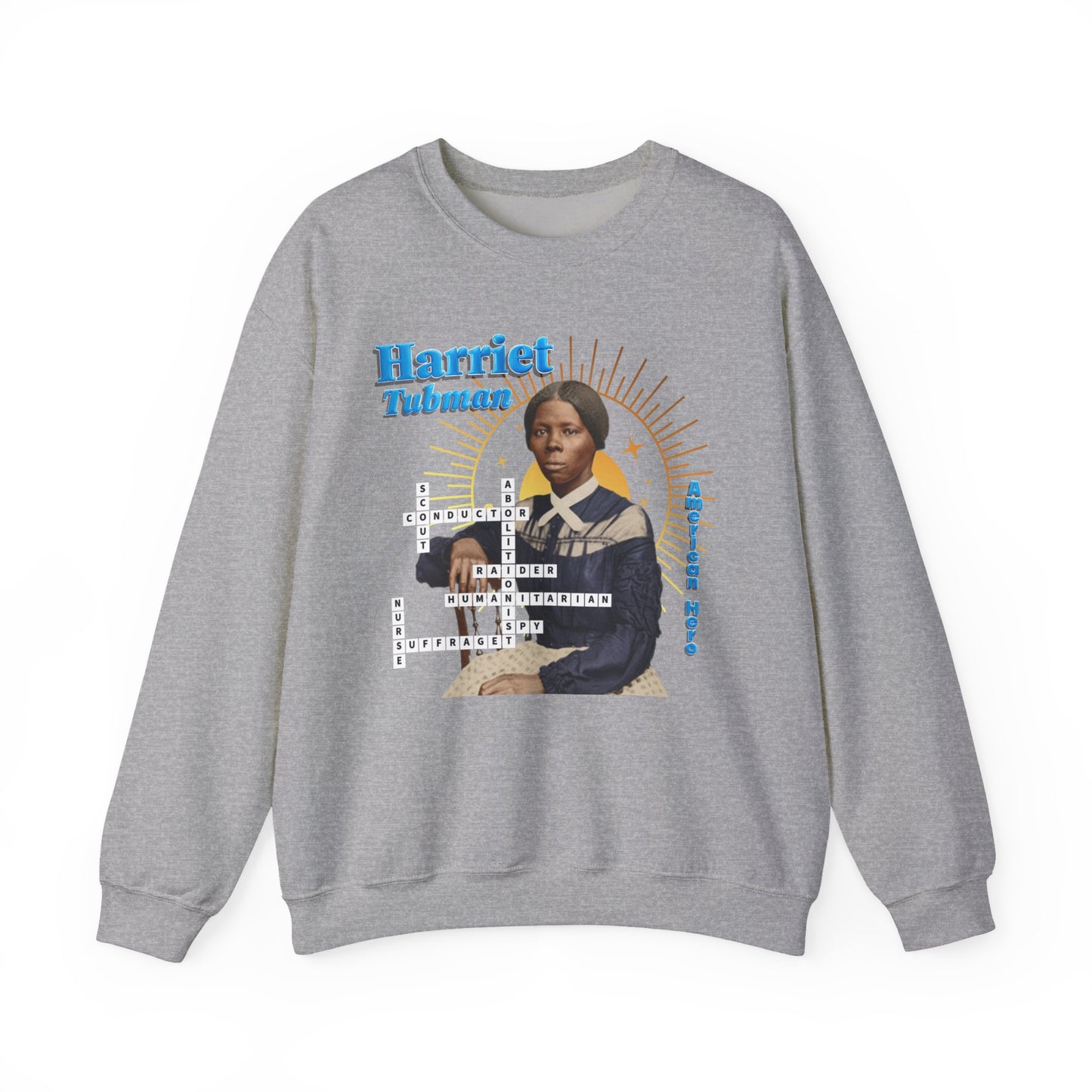 Harriet Tubman Crewneck Sweatshirt — Black History Tribute, muted colors with blue text