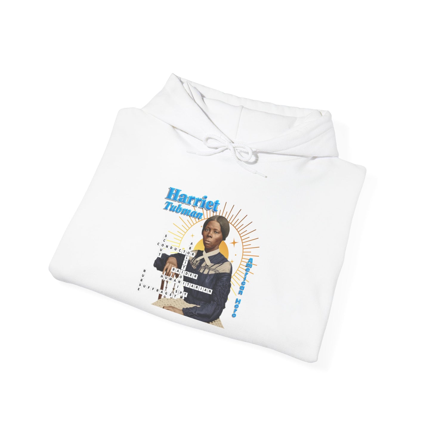 Harriet Tubman Portrait Hoodie — Inspirational Historical Figure Graphic Sweatshirt with blue text
