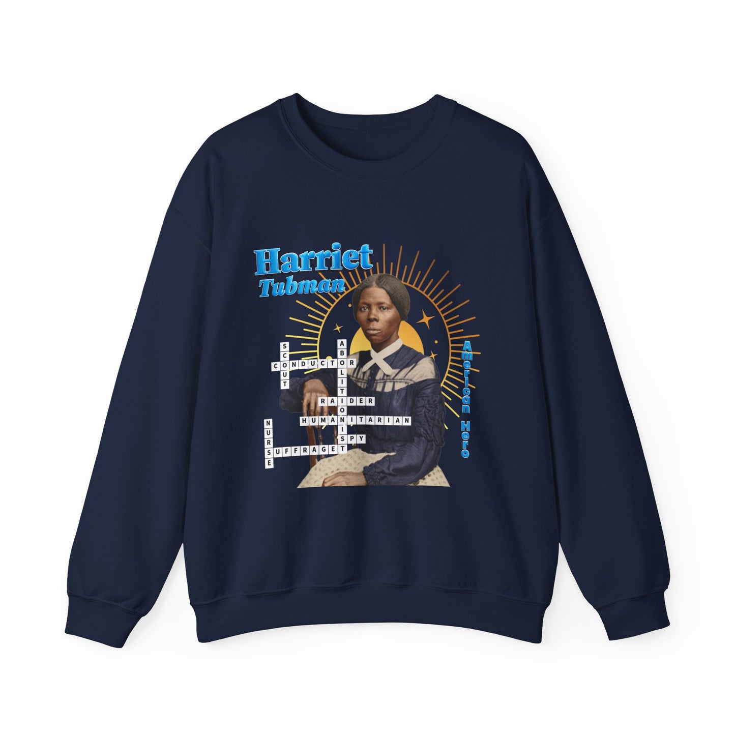 Harriet Tubman Crewneck Sweatshirt — Black History Tribute, muted colors with blue text