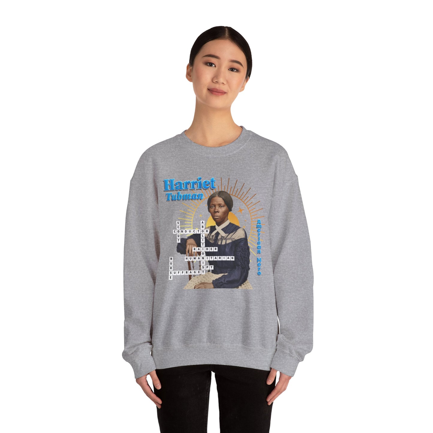Harriet Tubman Crewneck Sweatshirt — Black History Tribute, muted colors with blue text