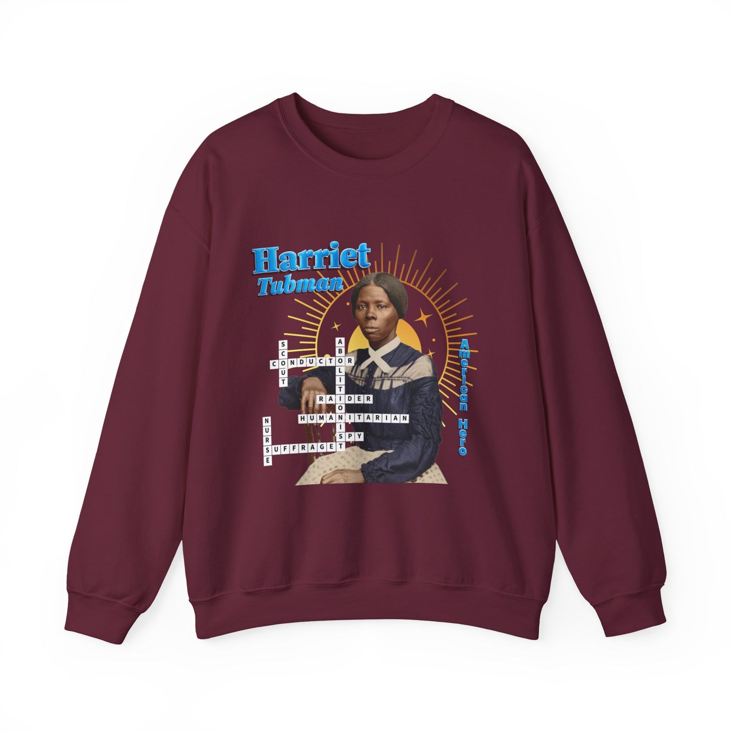 Harriet Tubman Crewneck Sweatshirt — Black History Tribute, muted colors with blue text