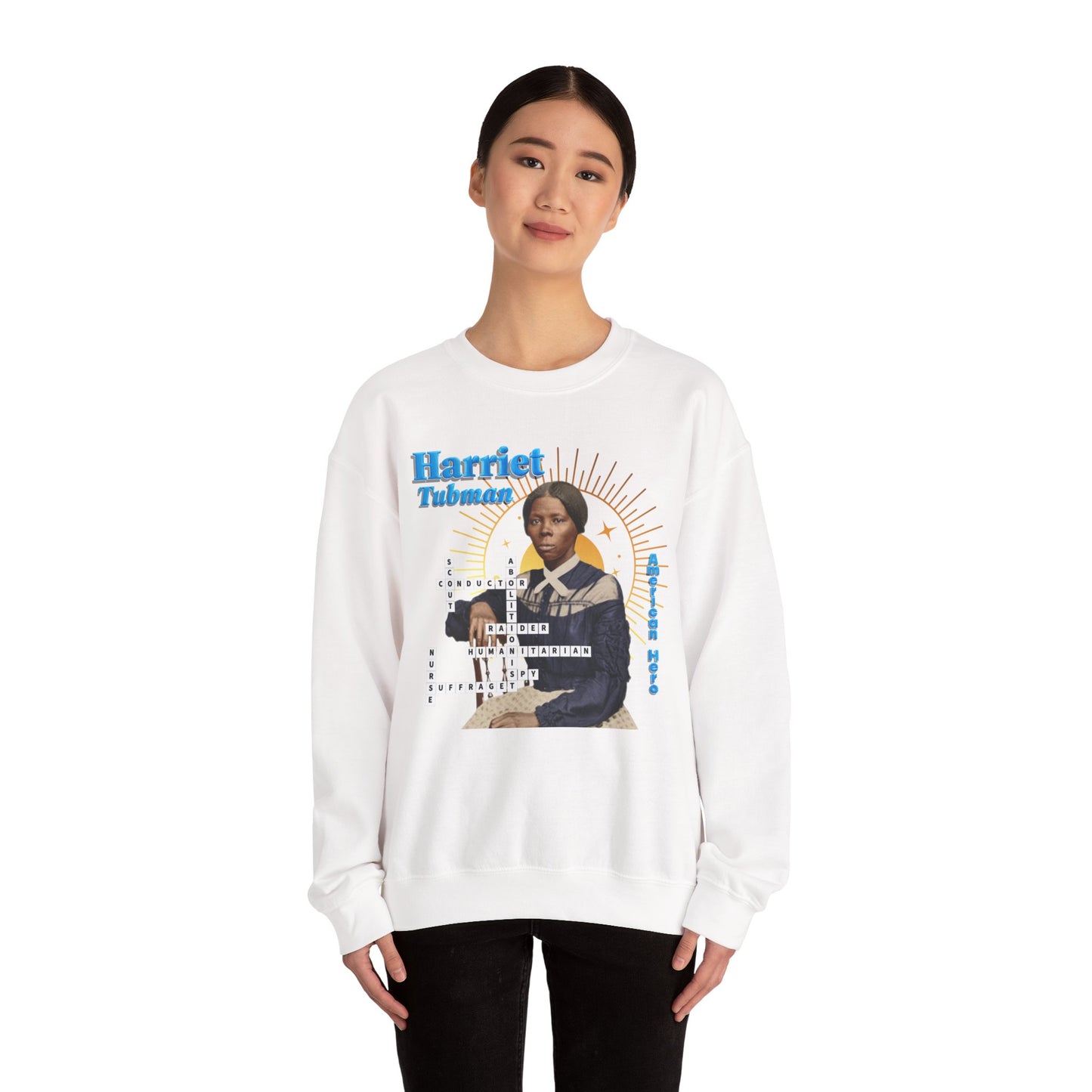 Harriet Tubman Crewneck Sweatshirt — Black History Tribute, muted colors with blue text