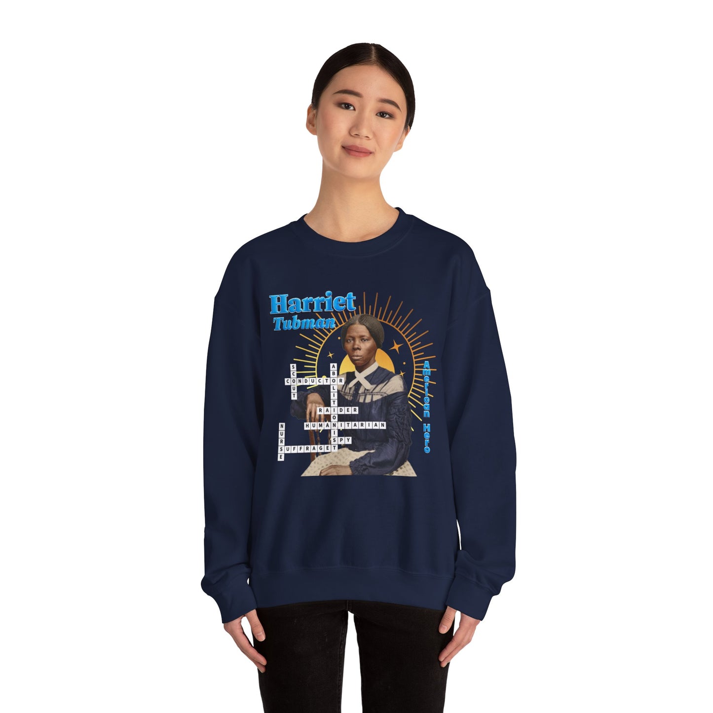 Harriet Tubman Crewneck Sweatshirt — Black History Tribute, muted colors with blue text
