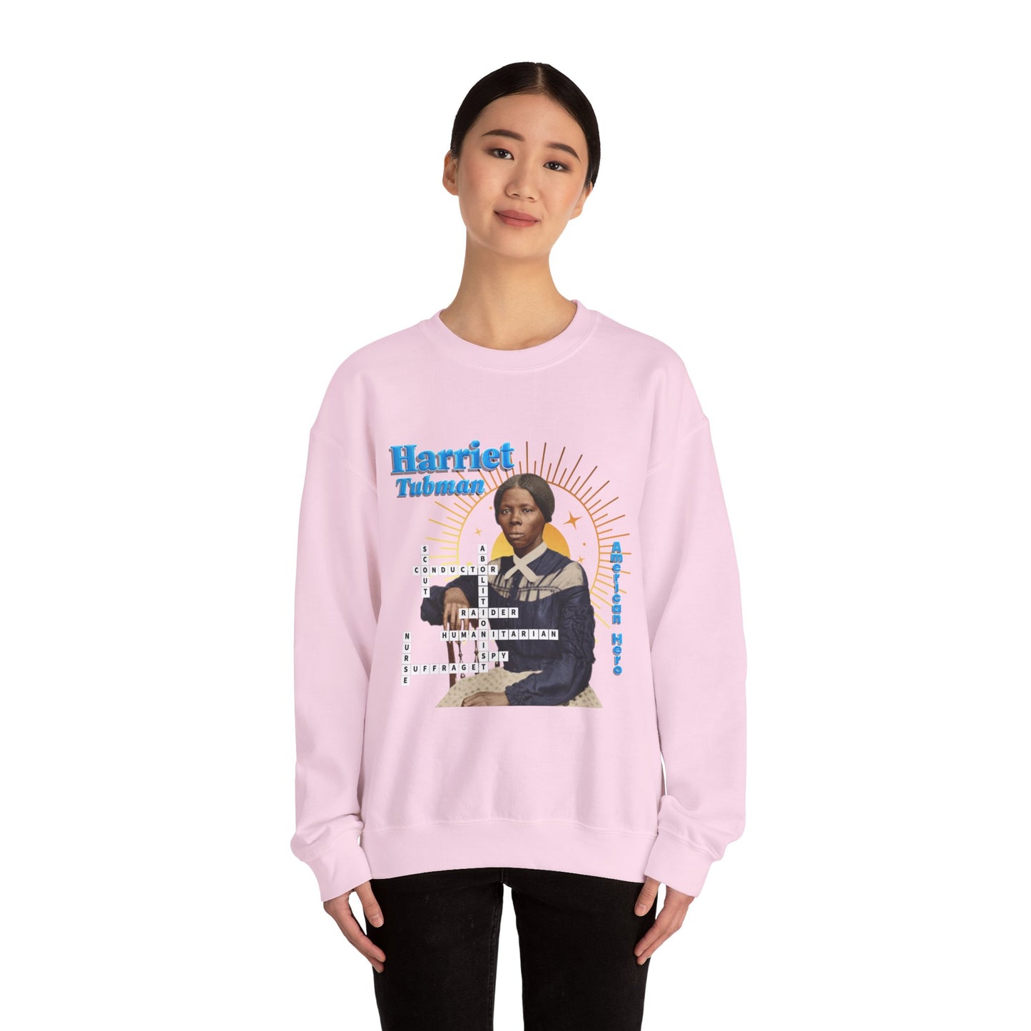 Harriet Tubman Crewneck Sweatshirt — Black History Tribute, muted colors with blue text