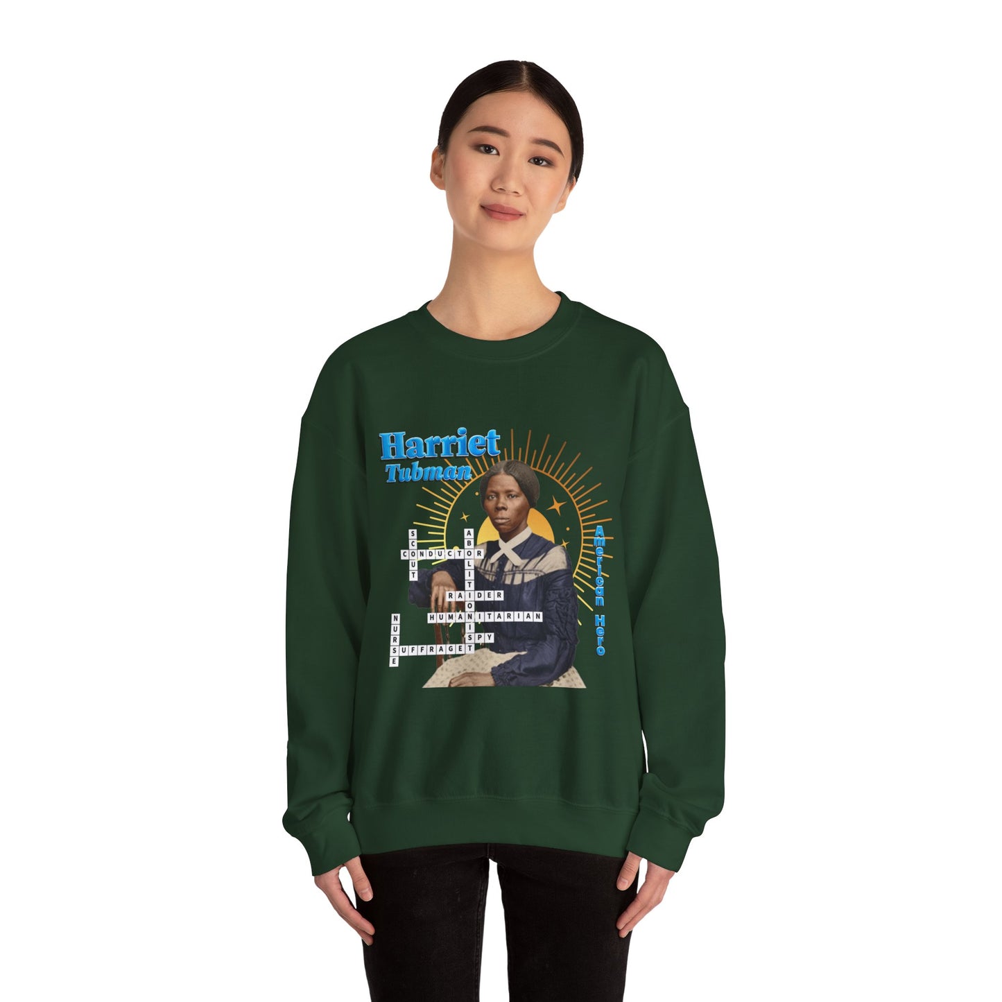 Harriet Tubman Crewneck Sweatshirt — Black History Tribute, muted colors with blue text