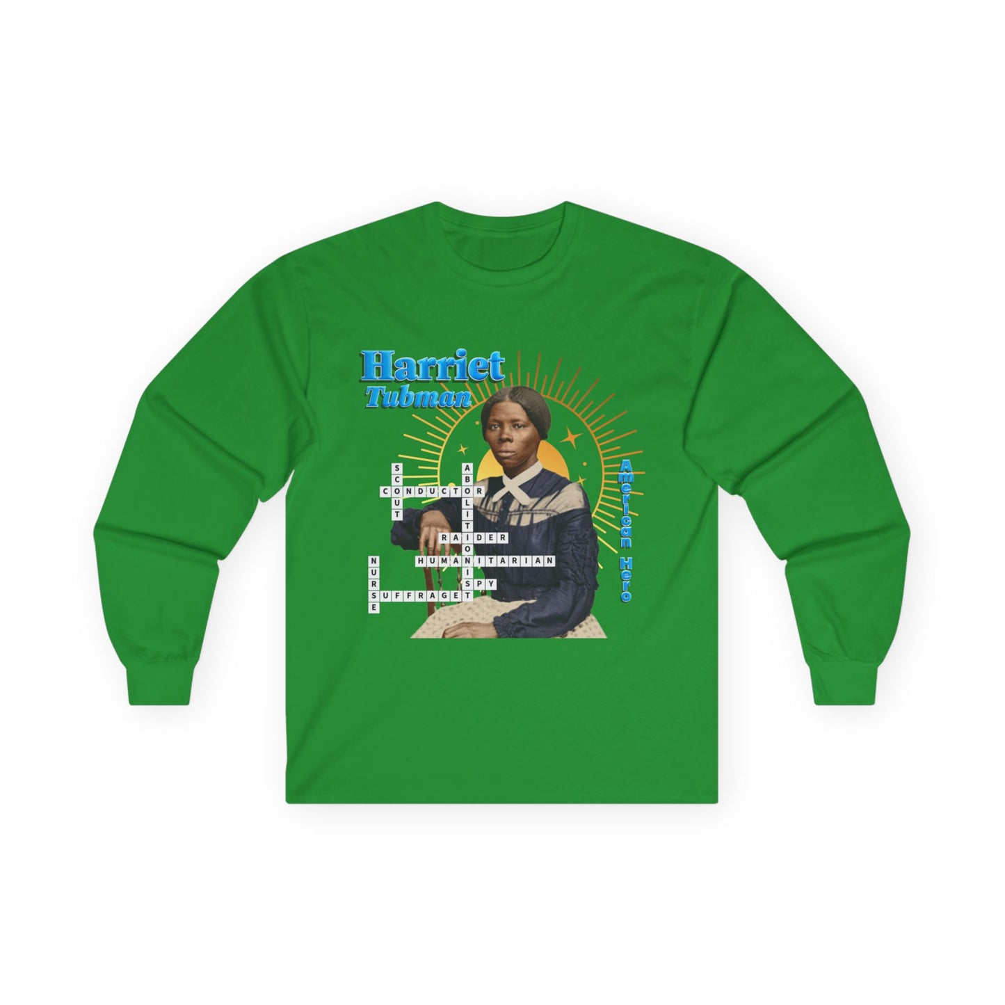 Harriet Tubman Crossword Puzzle Graphic Long Sleeve Tee | Historical Portrait, Muted Tones with black text