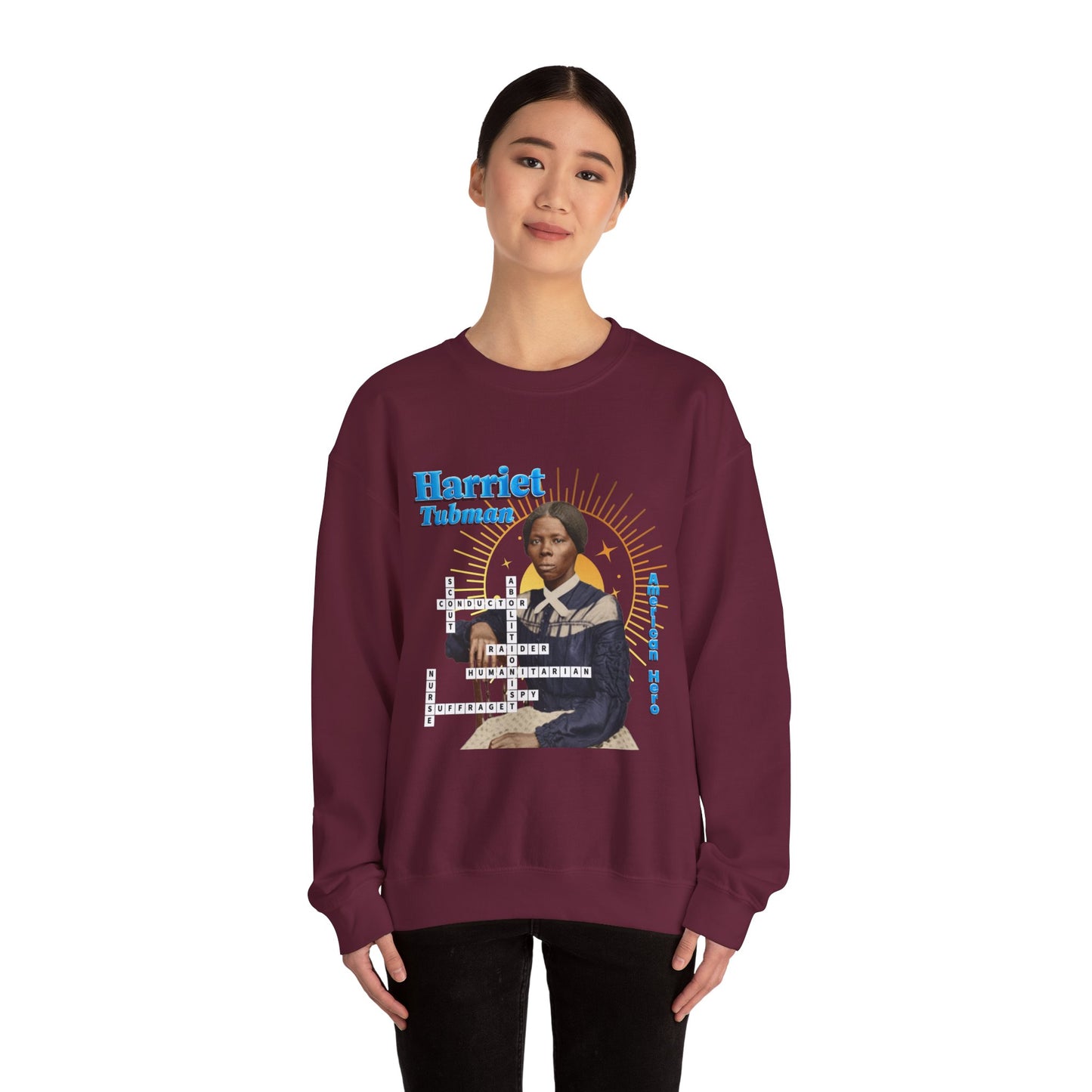 Harriet Tubman Crewneck Sweatshirt — Black History Tribute, muted colors with blue text
