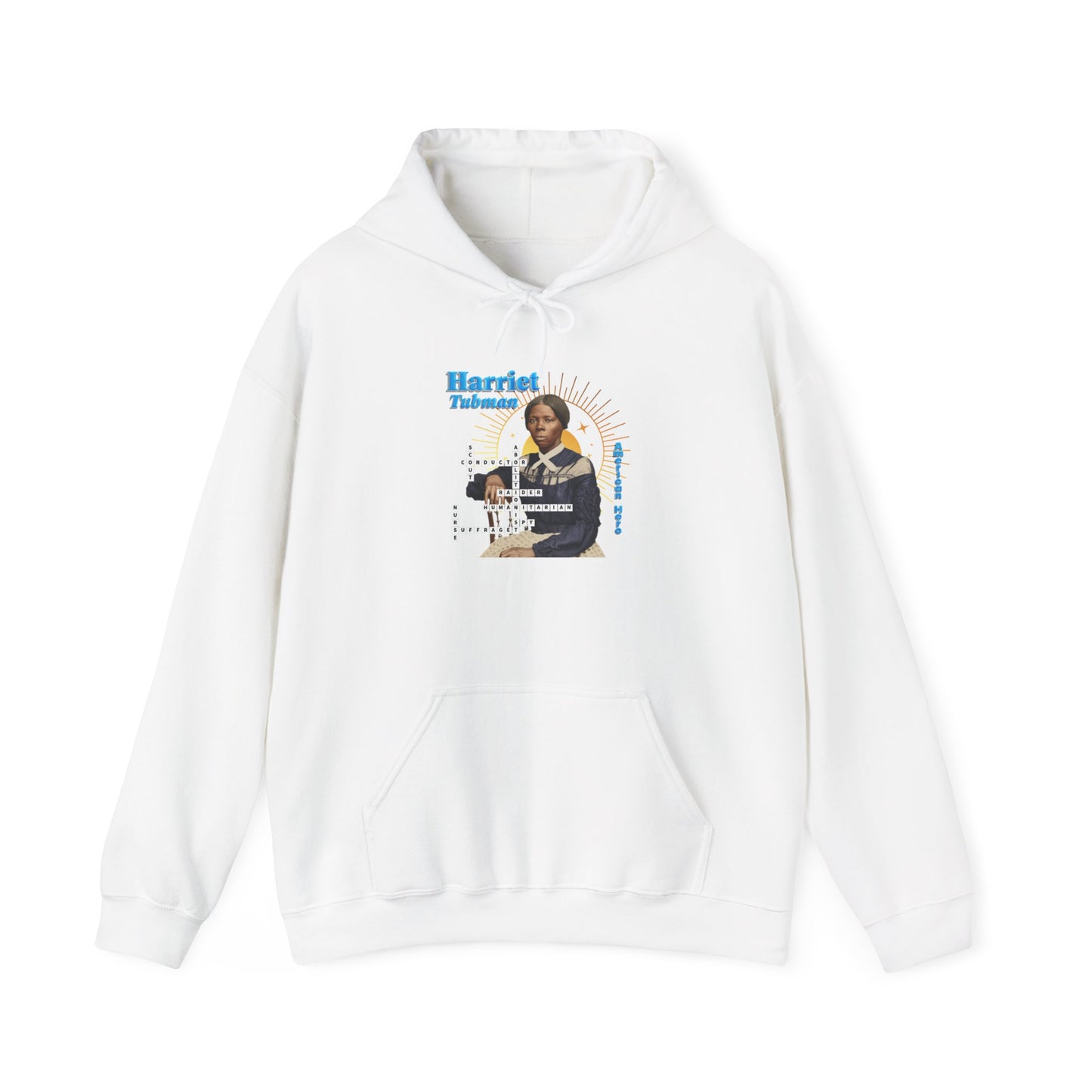 Harriet Tubman Portrait Hoodie — Inspirational Historical Figure Graphic Sweatshirt with blue text