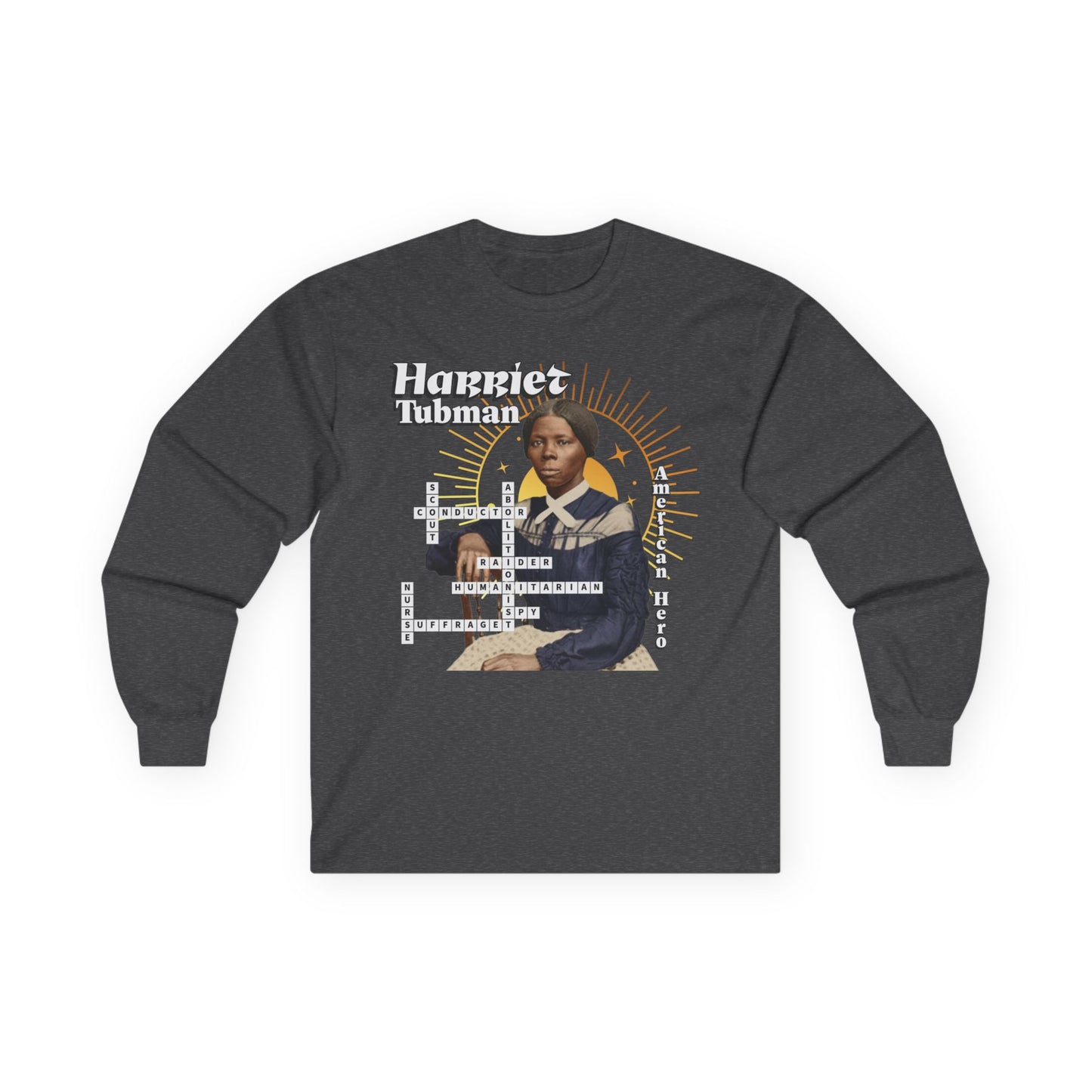 Harriet Tubman Crossword Puzzle Graphic Long Sleeve Tee | Historical Portrait, Muted tones with white text black outline