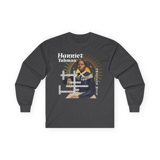 Harriet Tubman Crossword Puzzle Graphic Long Sleeve Tee | Historical Portrait, Muted tones with white text black outline