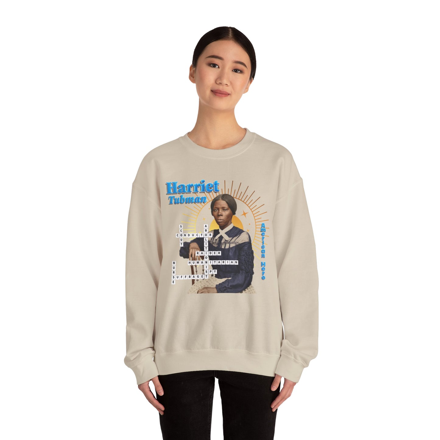 Harriet Tubman Crewneck Sweatshirt — Black History Tribute, muted colors with blue text