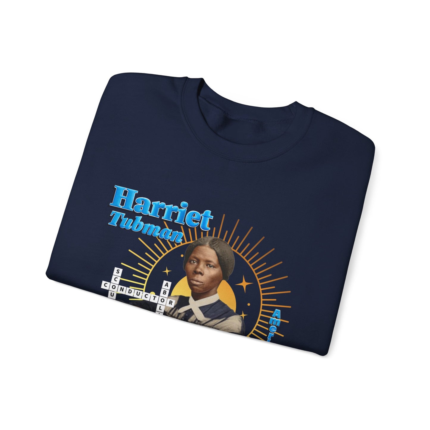 Harriet Tubman Crewneck Sweatshirt — Black History Tribute, muted colors with blue text