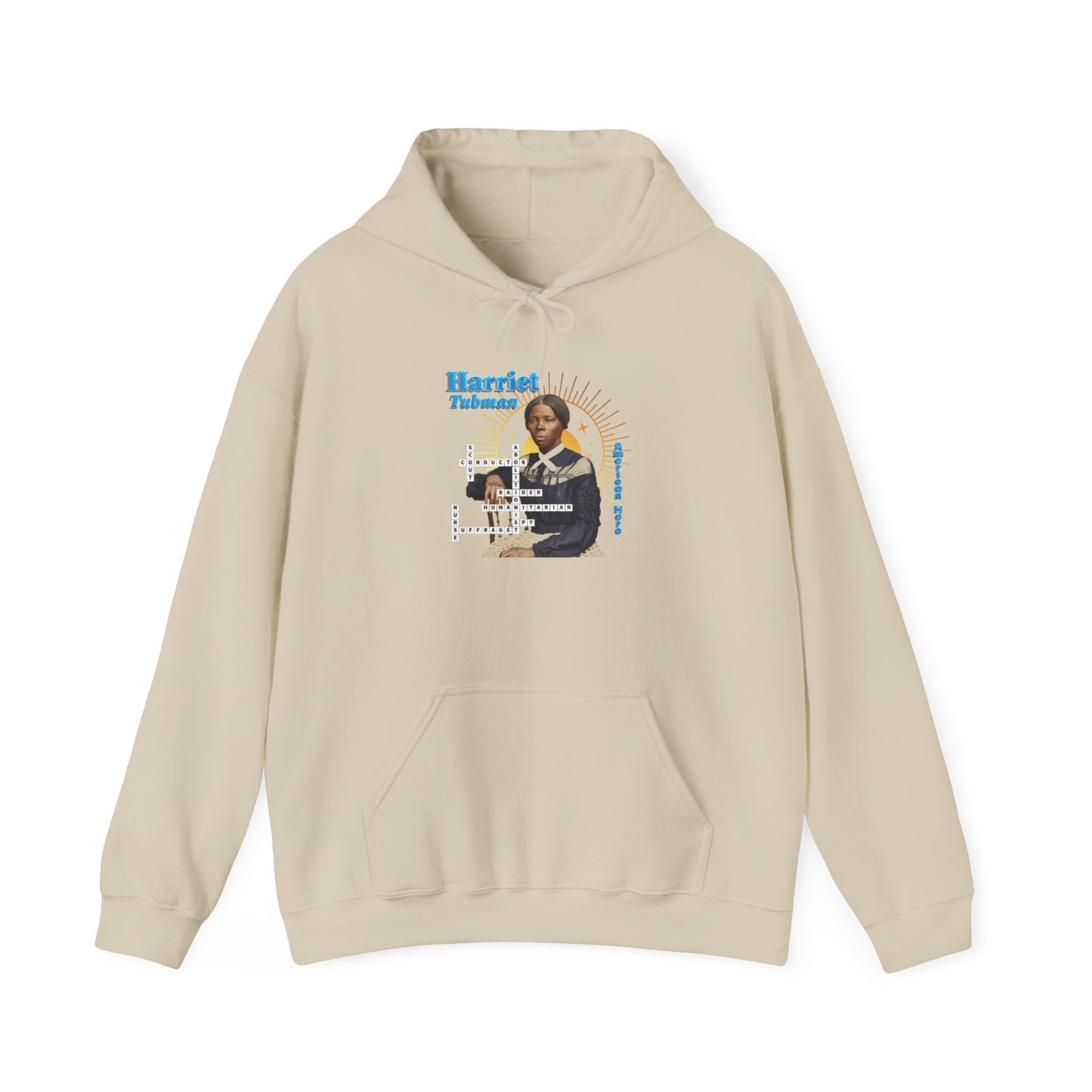 Harriet Tubman Portrait Hoodie — Inspirational Historical Figure Graphic Sweatshirt with blue text