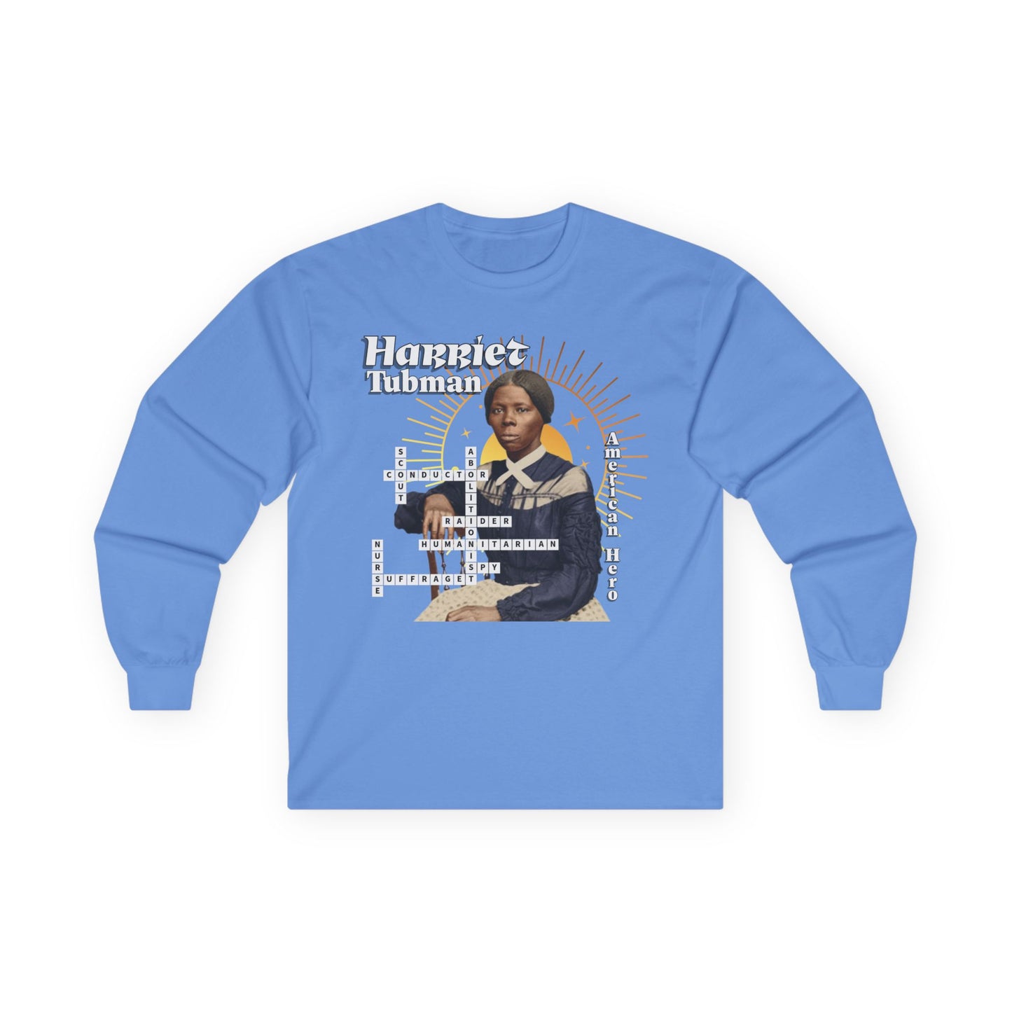 Harriet Tubman Crossword Puzzle Graphic Long Sleeve Tee | Historical Portrait, Muted tones with white text black outline