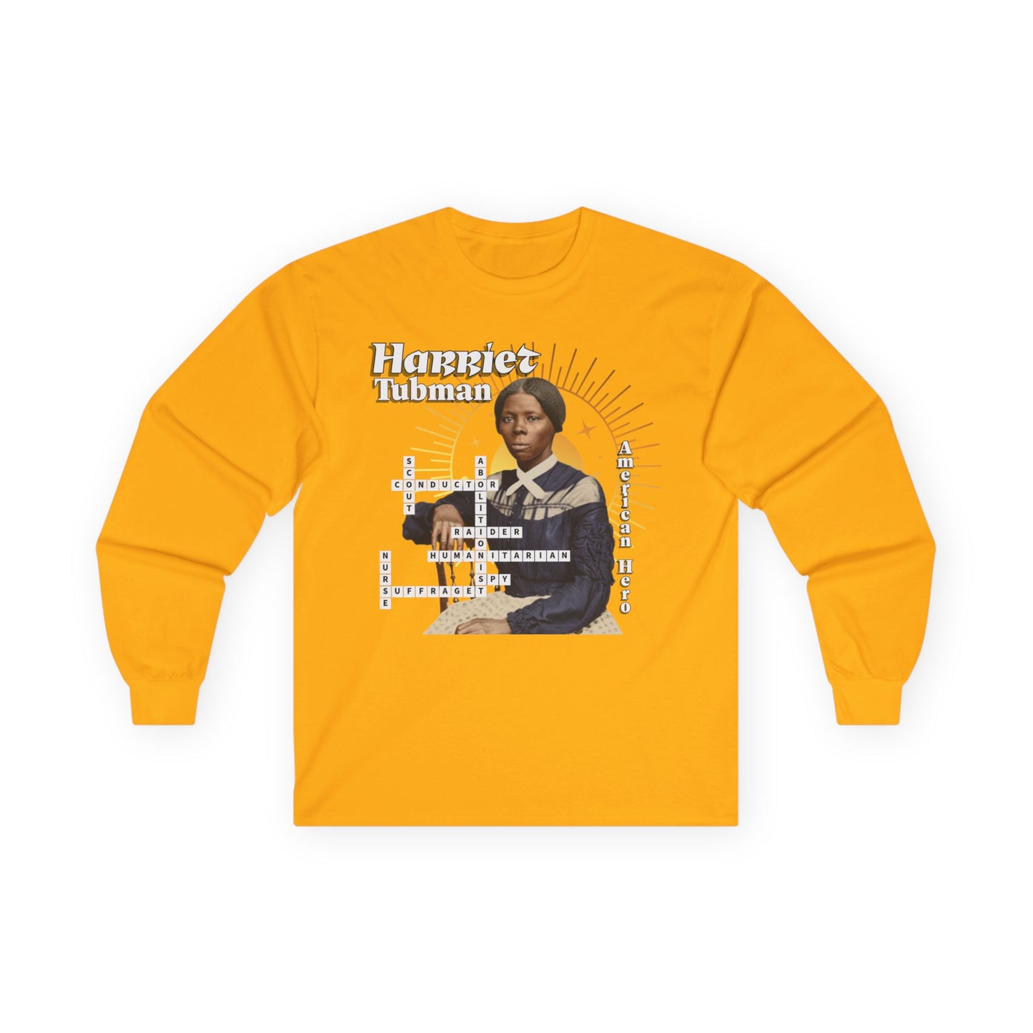 Harriet Tubman Crossword Puzzle Graphic Long Sleeve Tee | Historical Portrait, Muted tones with white text black outline