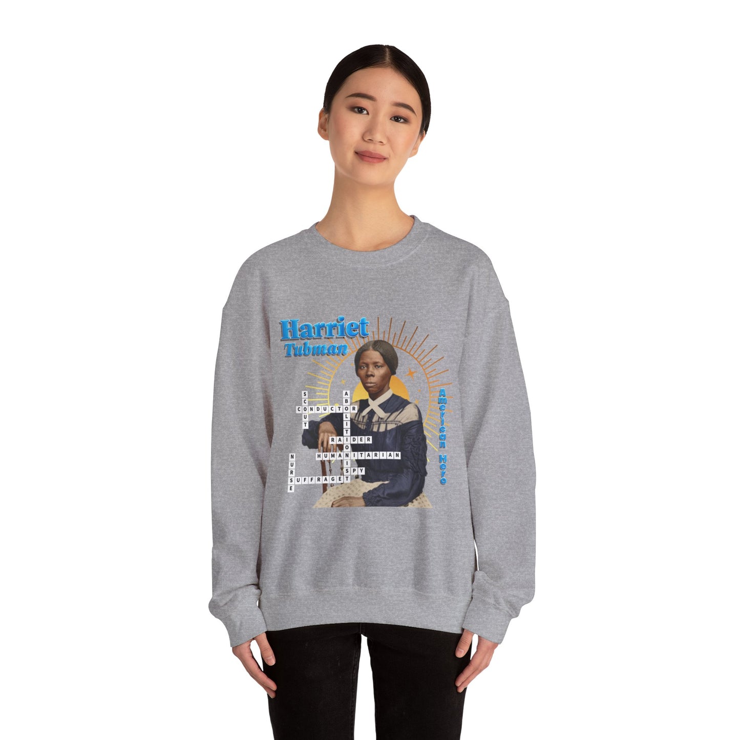 Harriet Tubman Crewneck Sweatshirt — Black History Tribute, muted colors with blue text