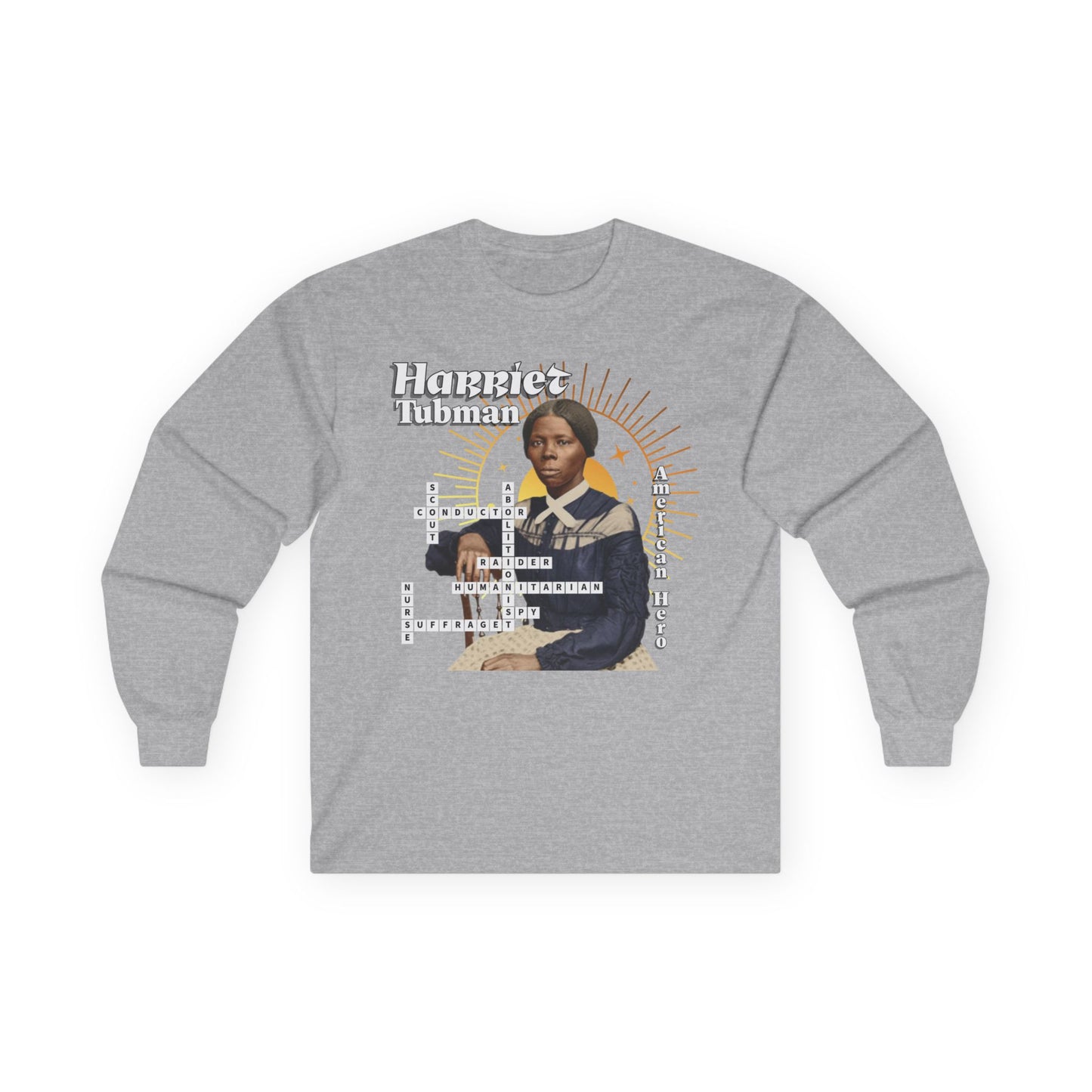 Harriet Tubman Crossword Puzzle Graphic Long Sleeve Tee | Historical Portrait, Muted tones with white text black outline