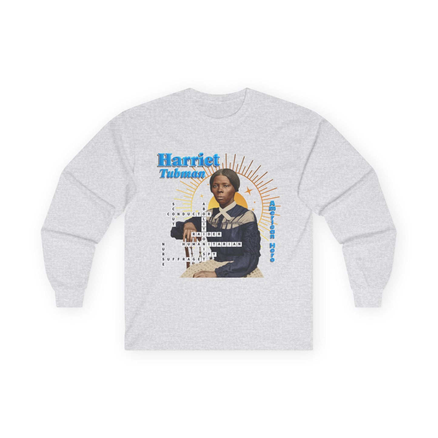 Harriet Tubman Crossword Puzzle Graphic Long Sleeve Tee | Historical Portrait, Muted Tones