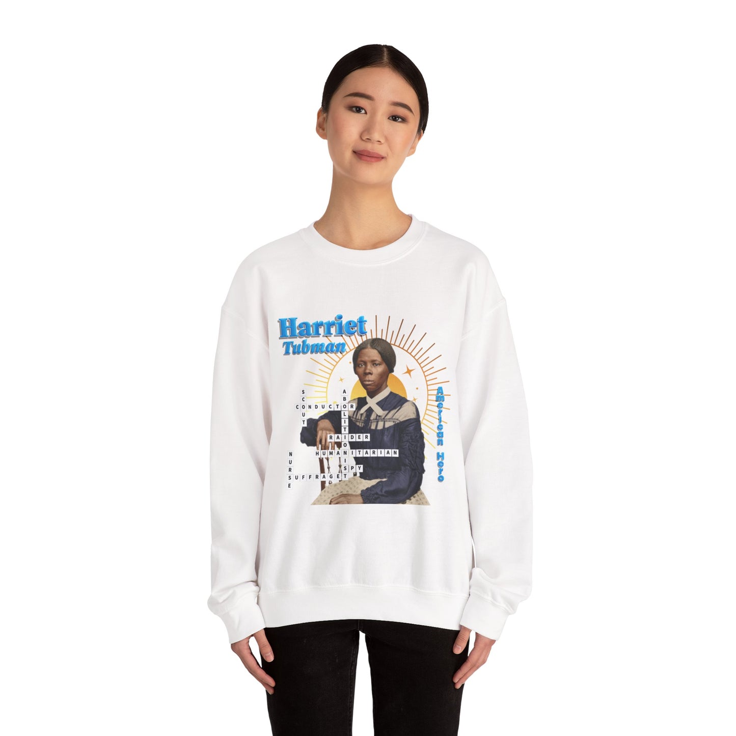 Harriet Tubman Crewneck Sweatshirt — Black History Tribute, muted colors with blue text