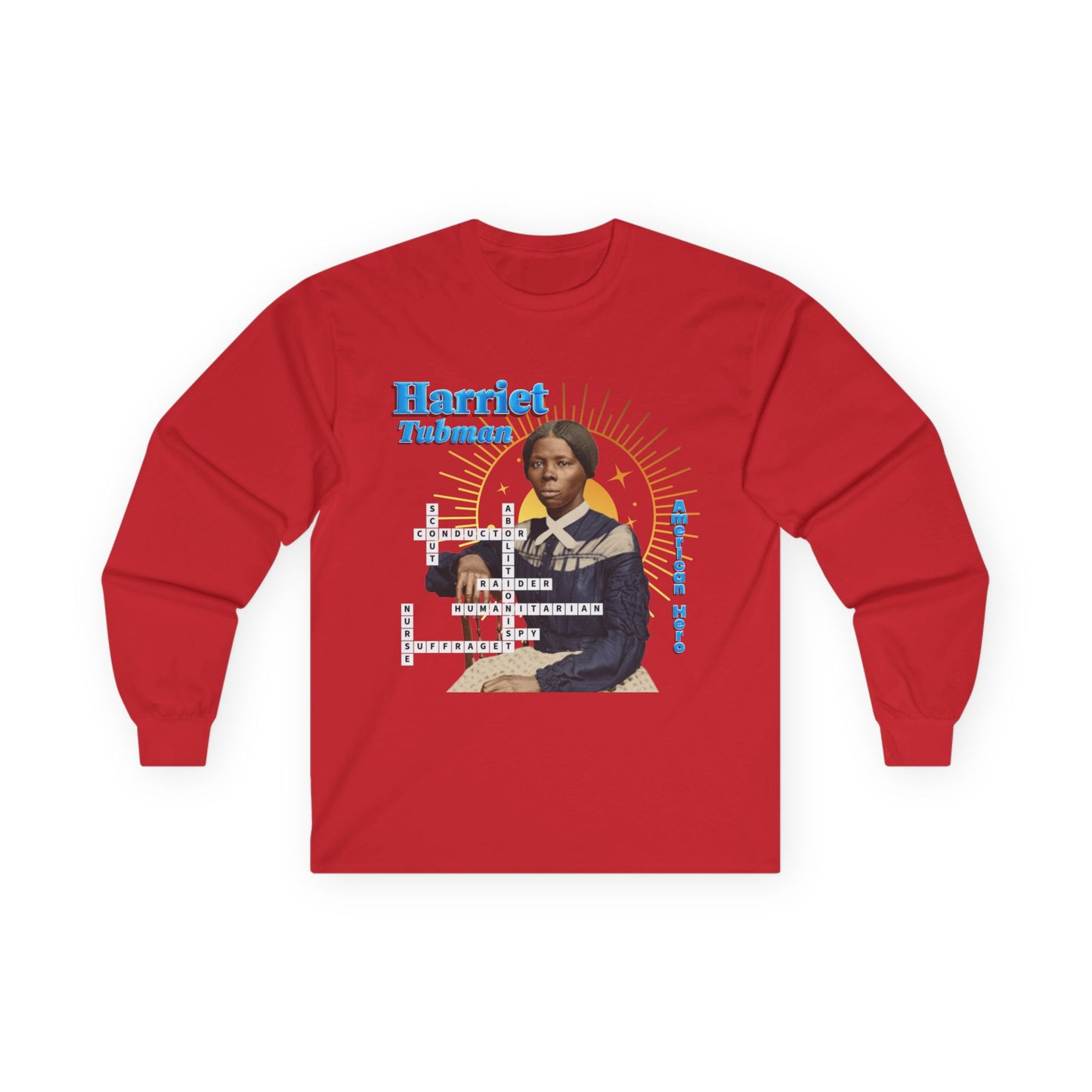 Harriet Tubman Crossword Puzzle Graphic Long Sleeve Tee | Historical Portrait, Muted Tones