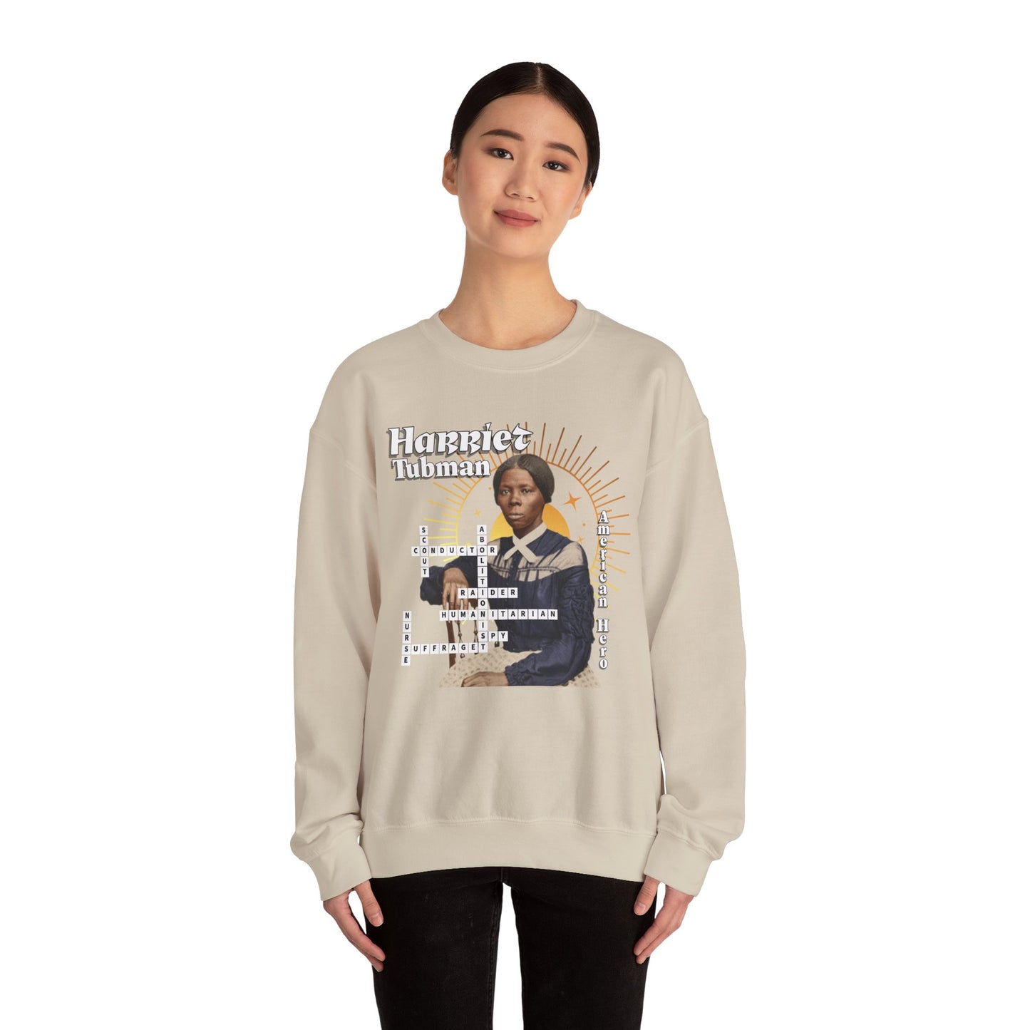 Harriet Tubman Crewneck Sweatshirt — Black History Tribute, muted colors, white & black text