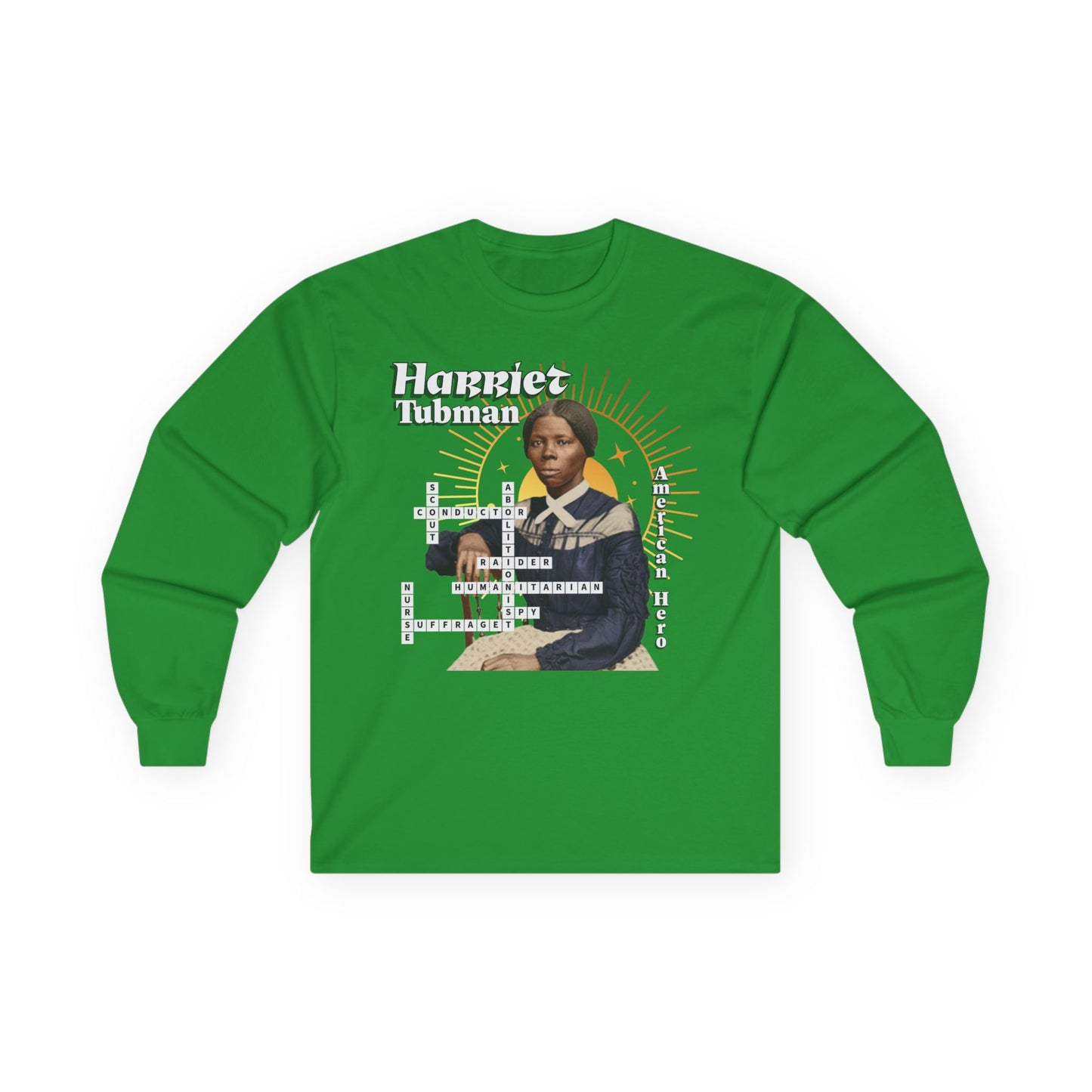 Harriet Tubman Crossword Puzzle Graphic Long Sleeve Tee | Historical Portrait, Muted tones with white text black outline