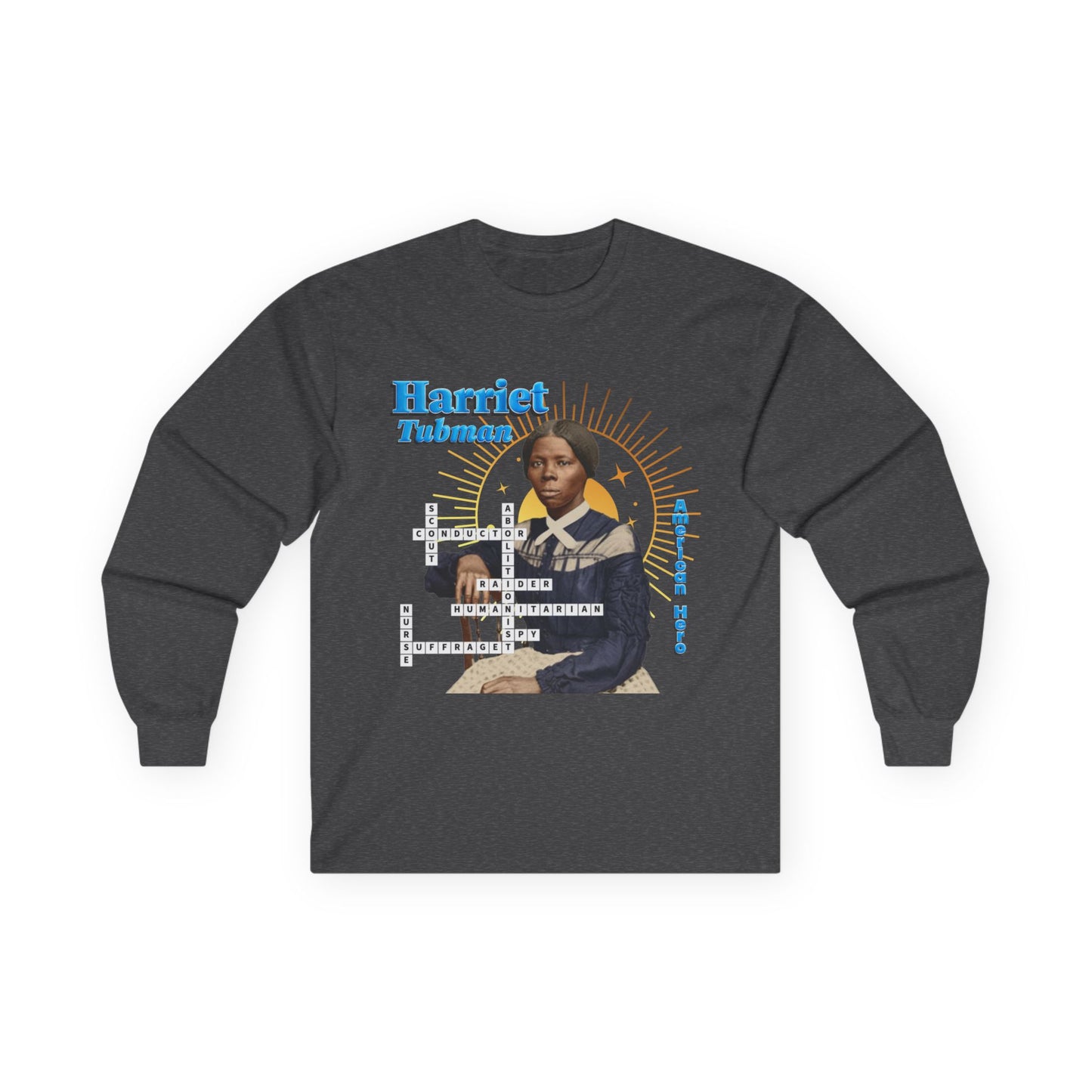 Harriet Tubman Crossword Puzzle Graphic Long Sleeve Tee | Historical Portrait, Muted Tones with black text