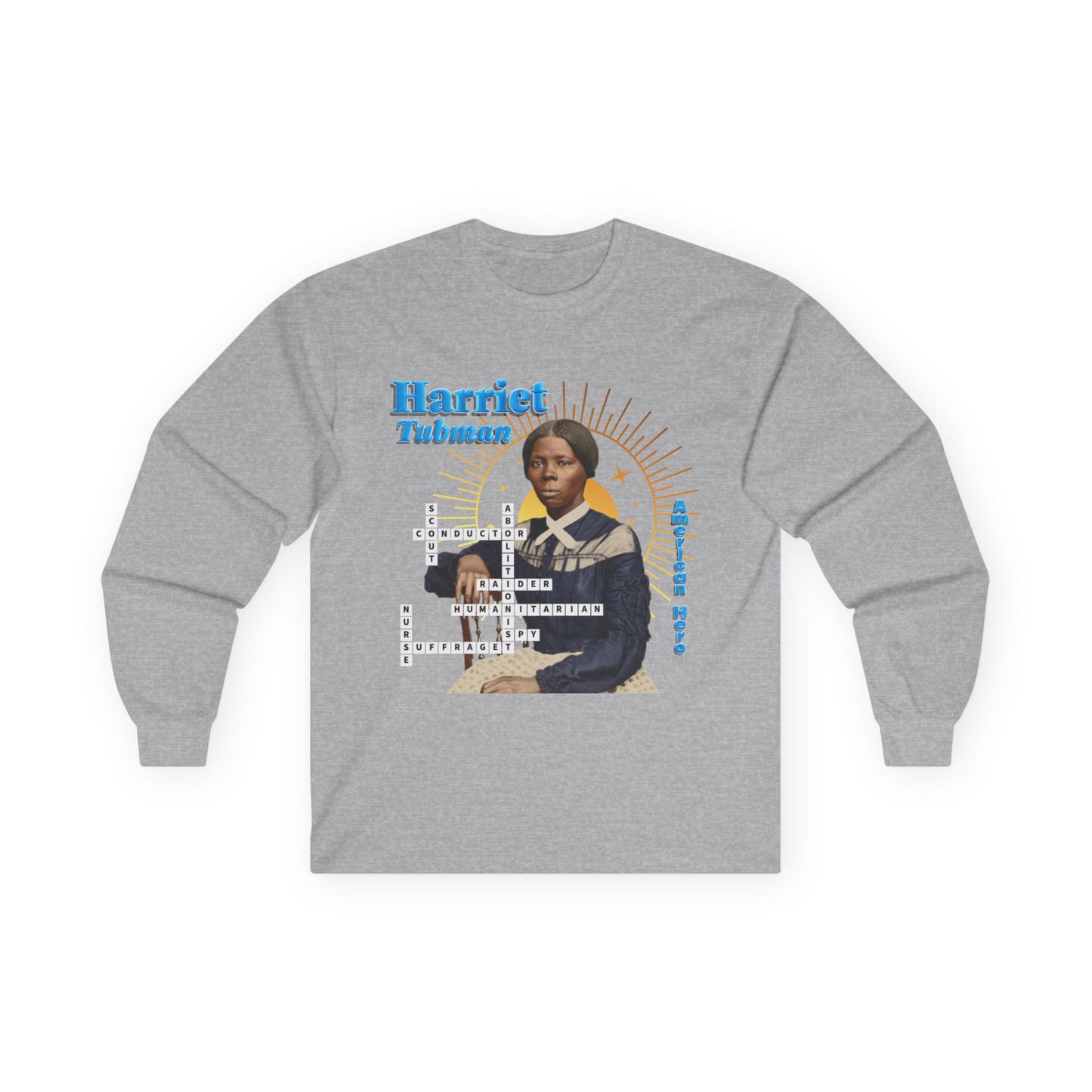 Harriet Tubman Crossword Puzzle Graphic Long Sleeve Tee | Historical Portrait, Muted Tones with black text