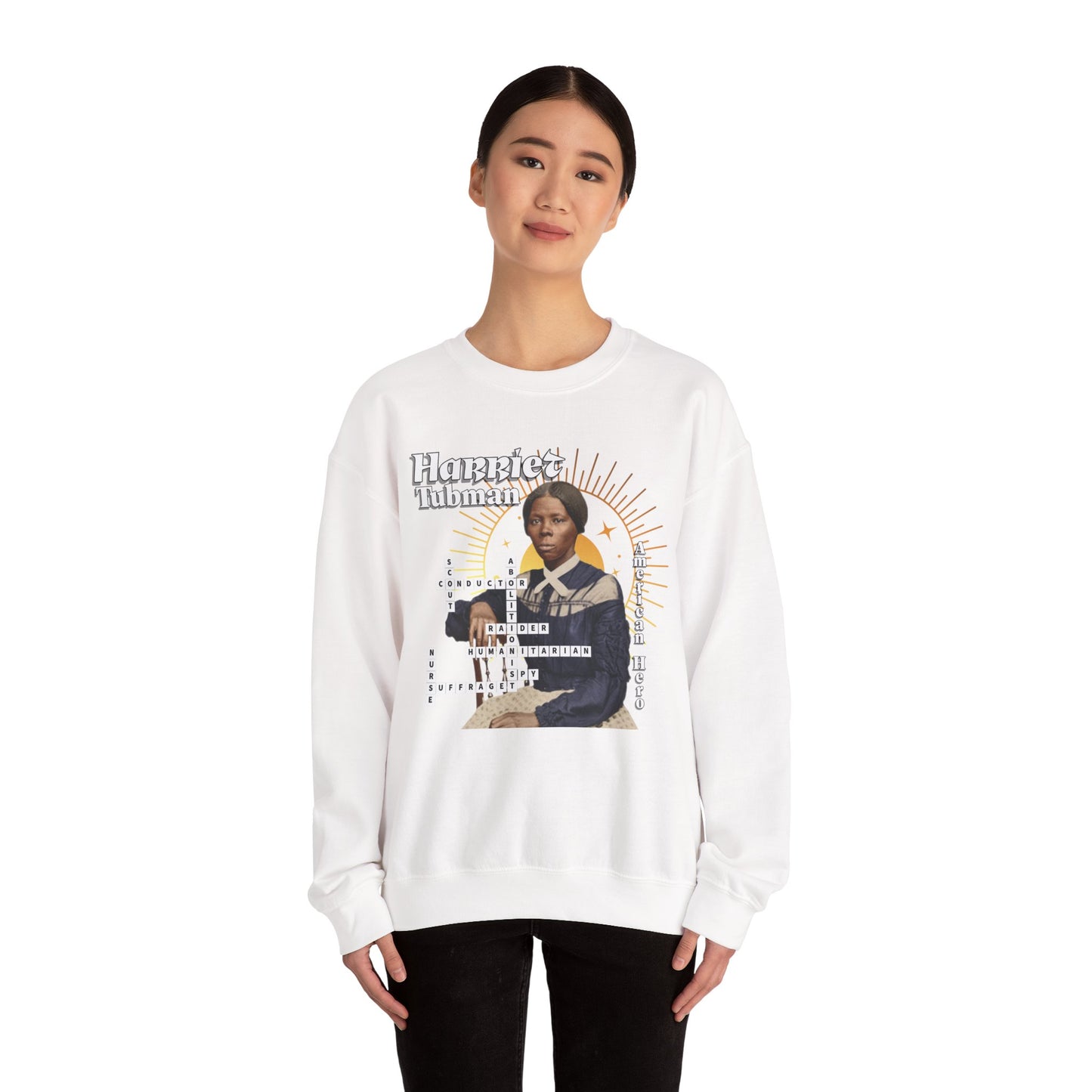 Harriet Tubman Crewneck Sweatshirt — Black History Tribute, muted colors, white & black text