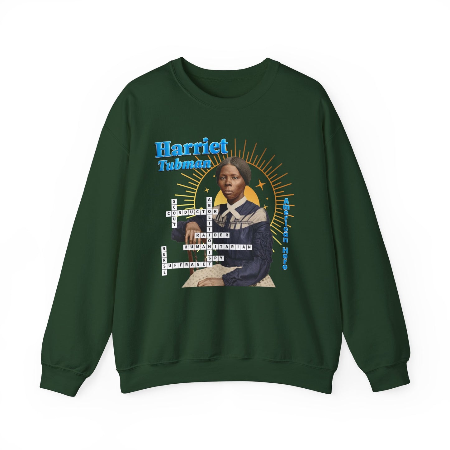 Harriet Tubman Crewneck Sweatshirt — Black History Tribute, muted colors with blue text