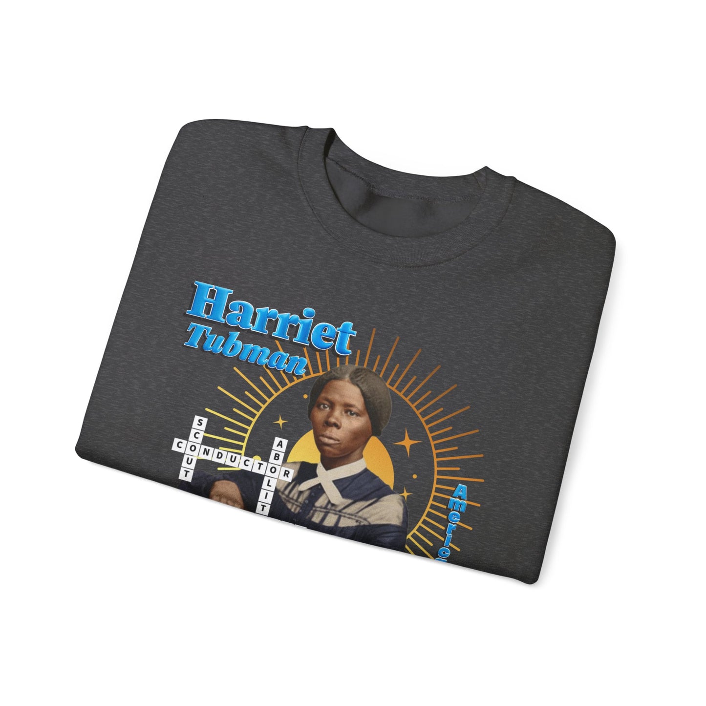 Harriet Tubman Crewneck Sweatshirt — Black History Tribute, muted colors with blue text