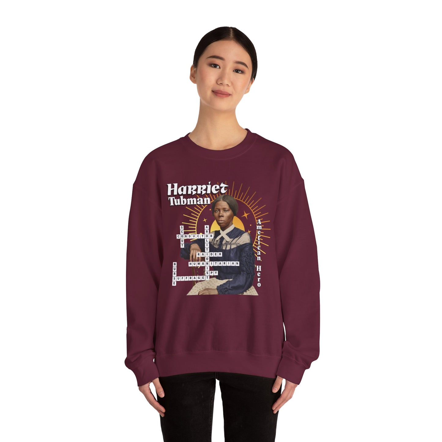 Harriet Tubman Crewneck Sweatshirt — Black History Tribute, muted colors, white & black text