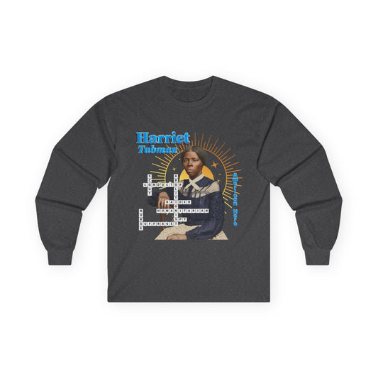 Harriet Tubman Crossword Puzzle Graphic Long Sleeve Tee | Historical Portrait, Muted Tones