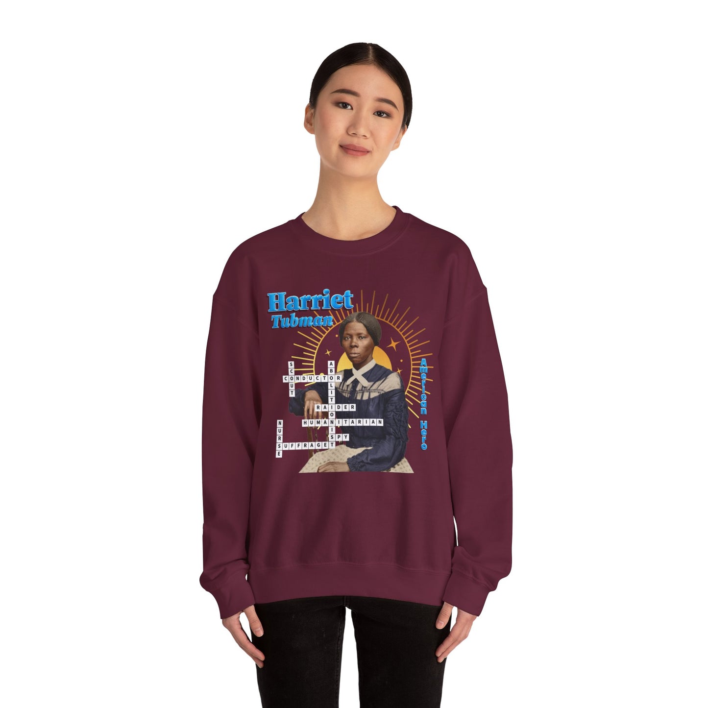 Harriet Tubman Crewneck Sweatshirt — Black History Tribute, muted colors with blue text