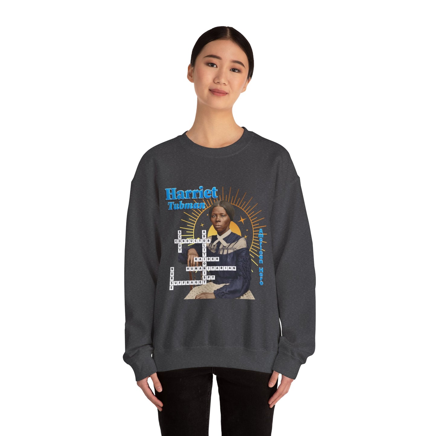 Harriet Tubman Crewneck Sweatshirt — Black History Tribute, muted colors with blue text