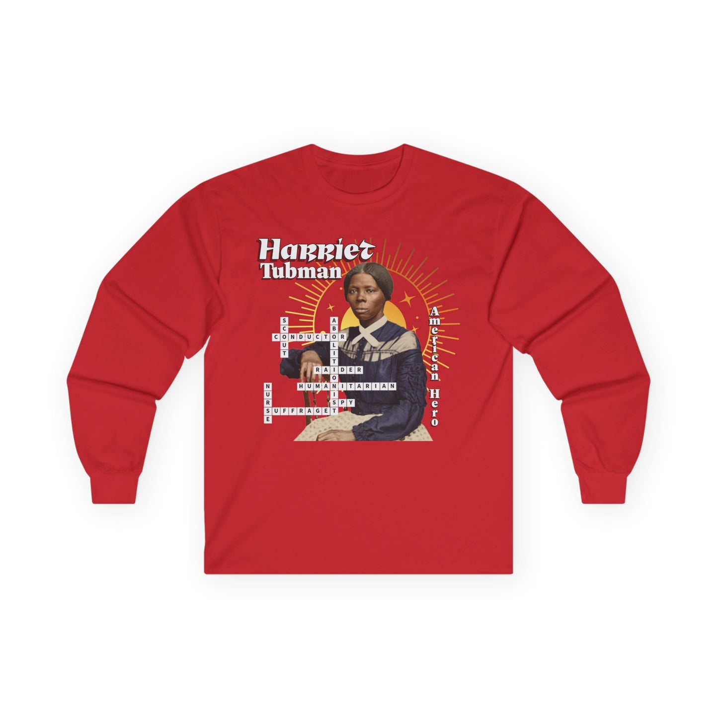 Harriet Tubman Crossword Puzzle Graphic Long Sleeve Tee | Historical Portrait, Muted tones with white text black outline